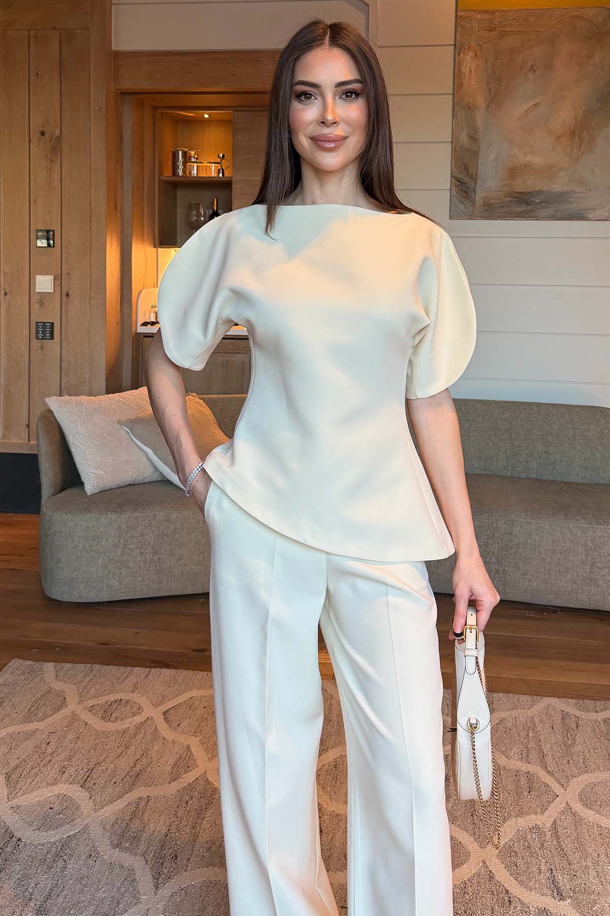 Kadın Premium Kol Detaylı Takım Ekru