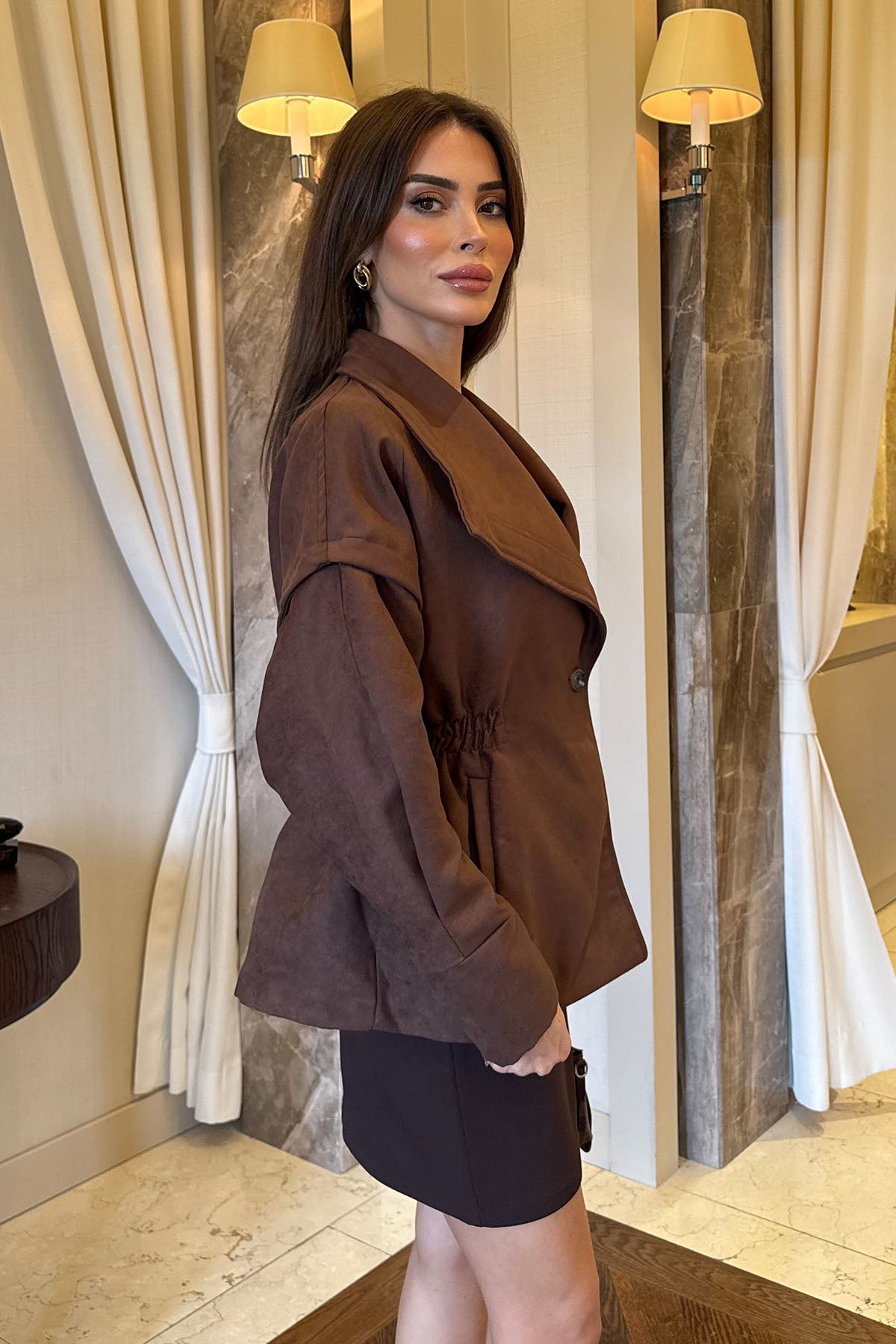 Kadın Süet Bel Büzgülü Ceket Kahverengi