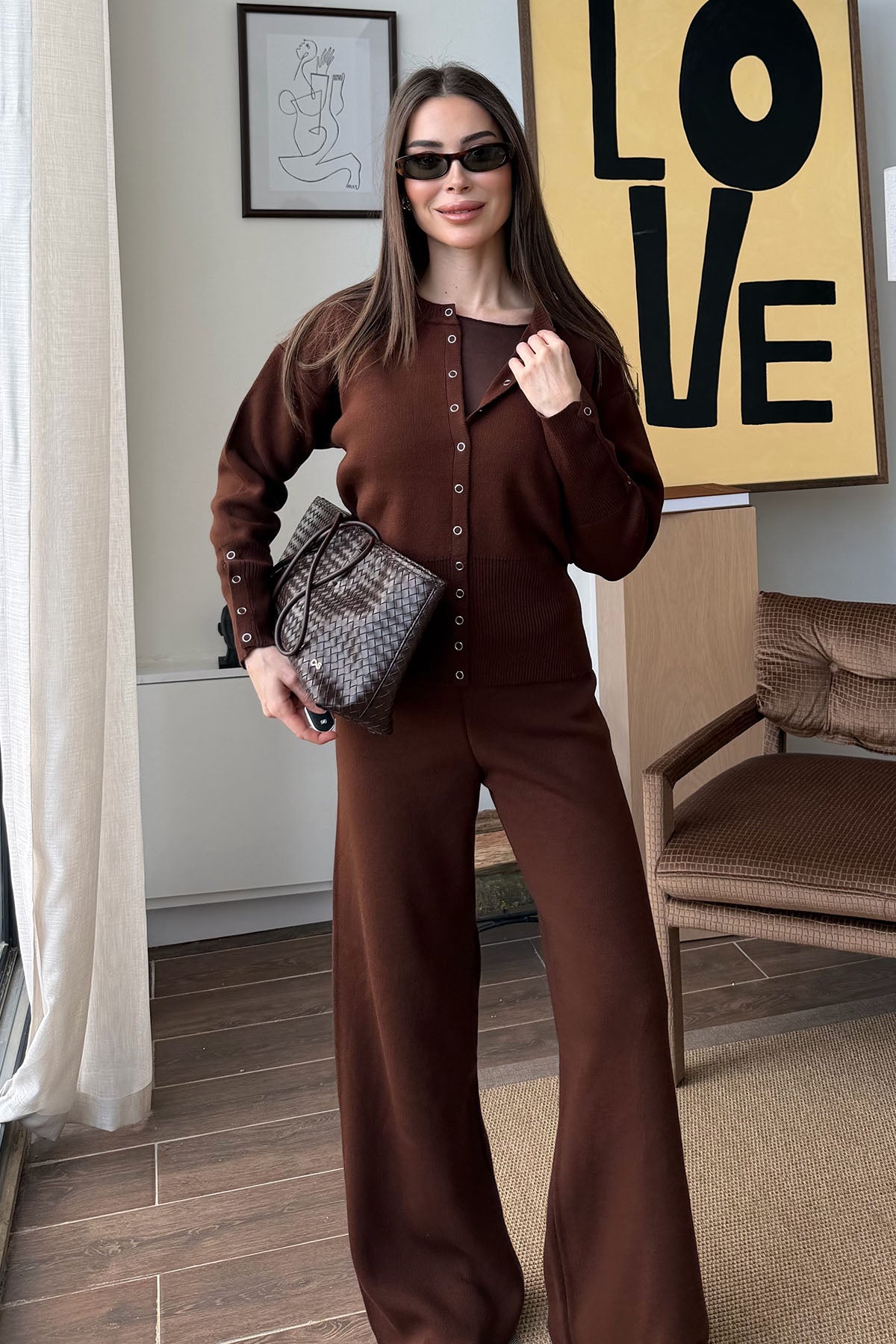 Kadın Çıtçıtlı Triko Takım Acı Kahve