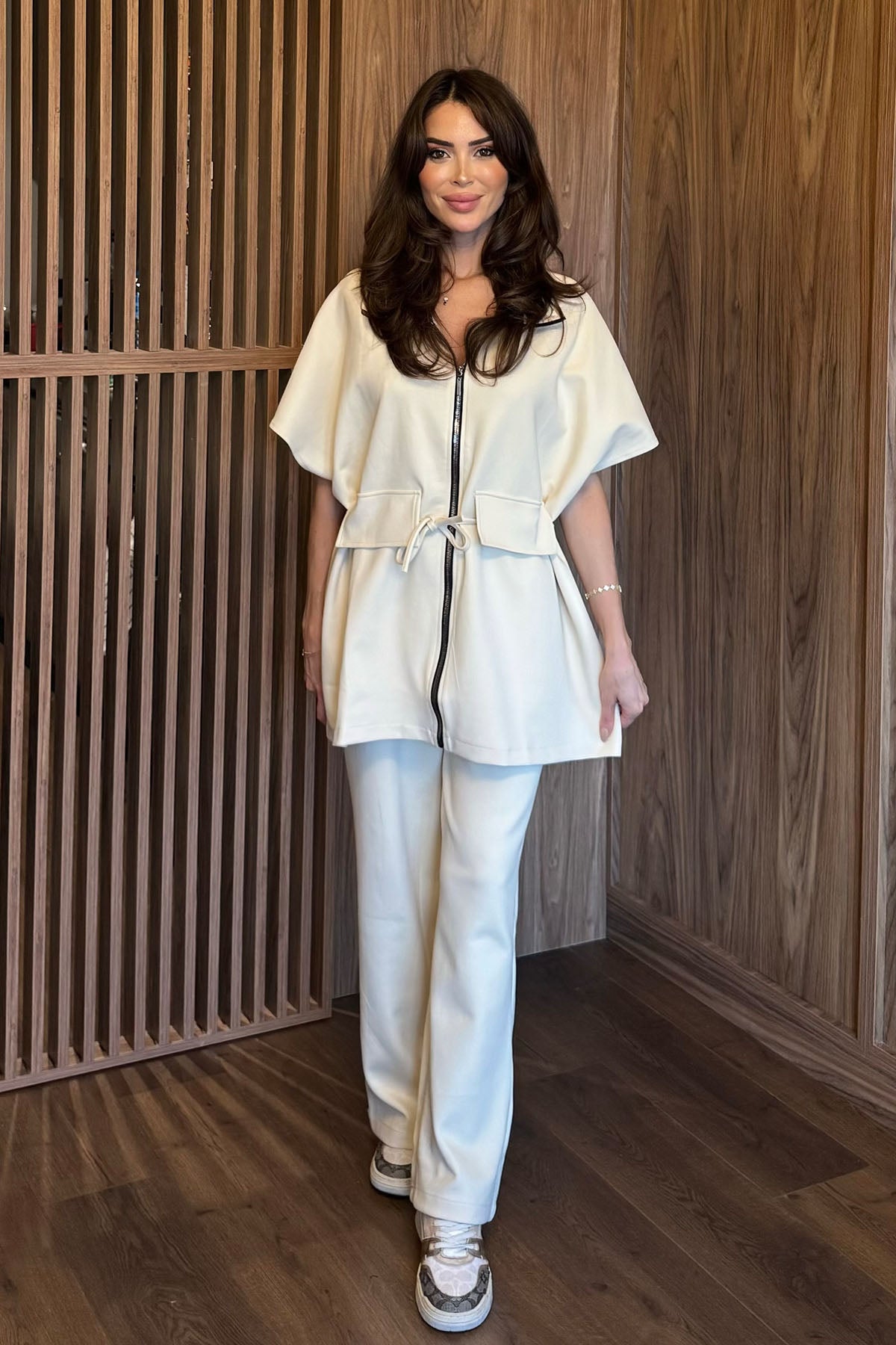 Kadın İnterlok Oversize Yelek Pantolon Takım Bej