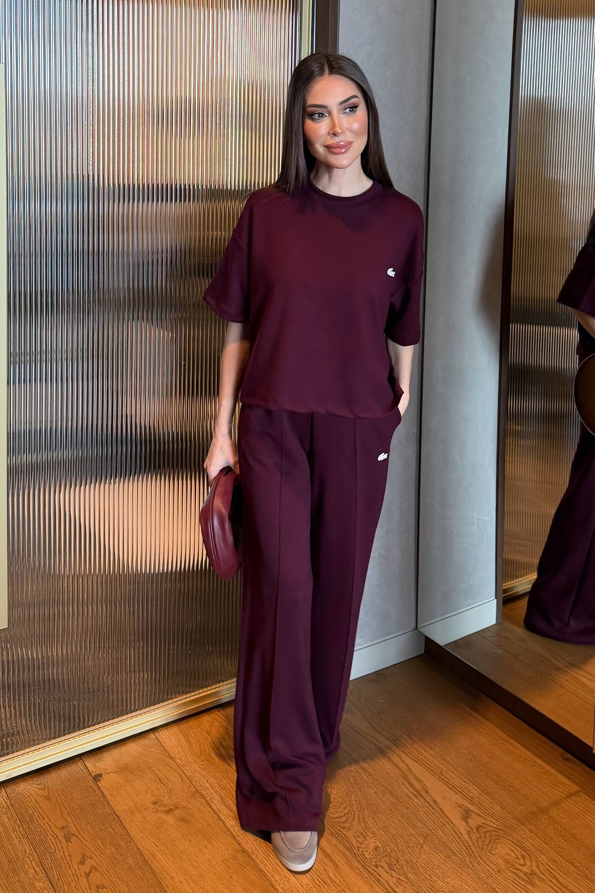 Kadın Nervür Detaylı İkili Rahat Takım Bordo