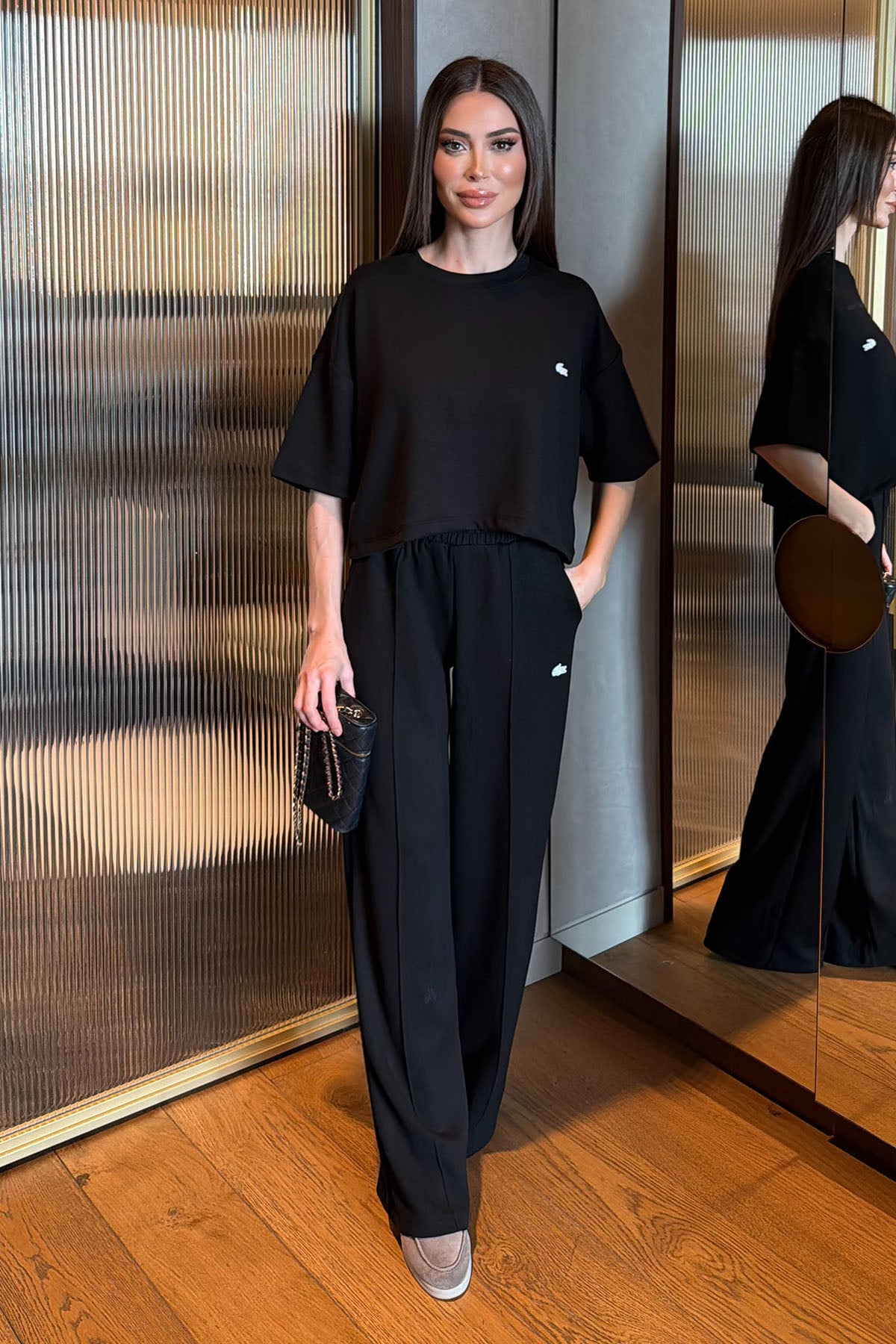 Kadın Nervür Detaylı İkili Rahat Takım Siyah