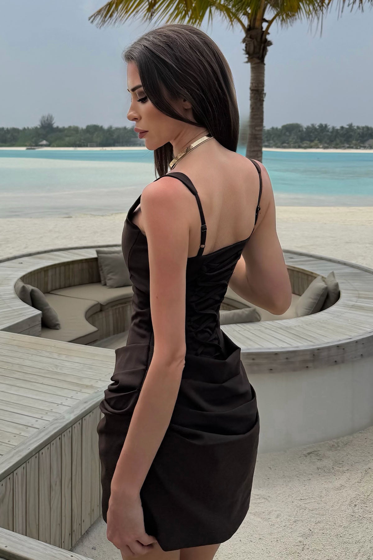 Kadın Drape Detaylı Arkası Biritli Mini Elbise Acı Kahve