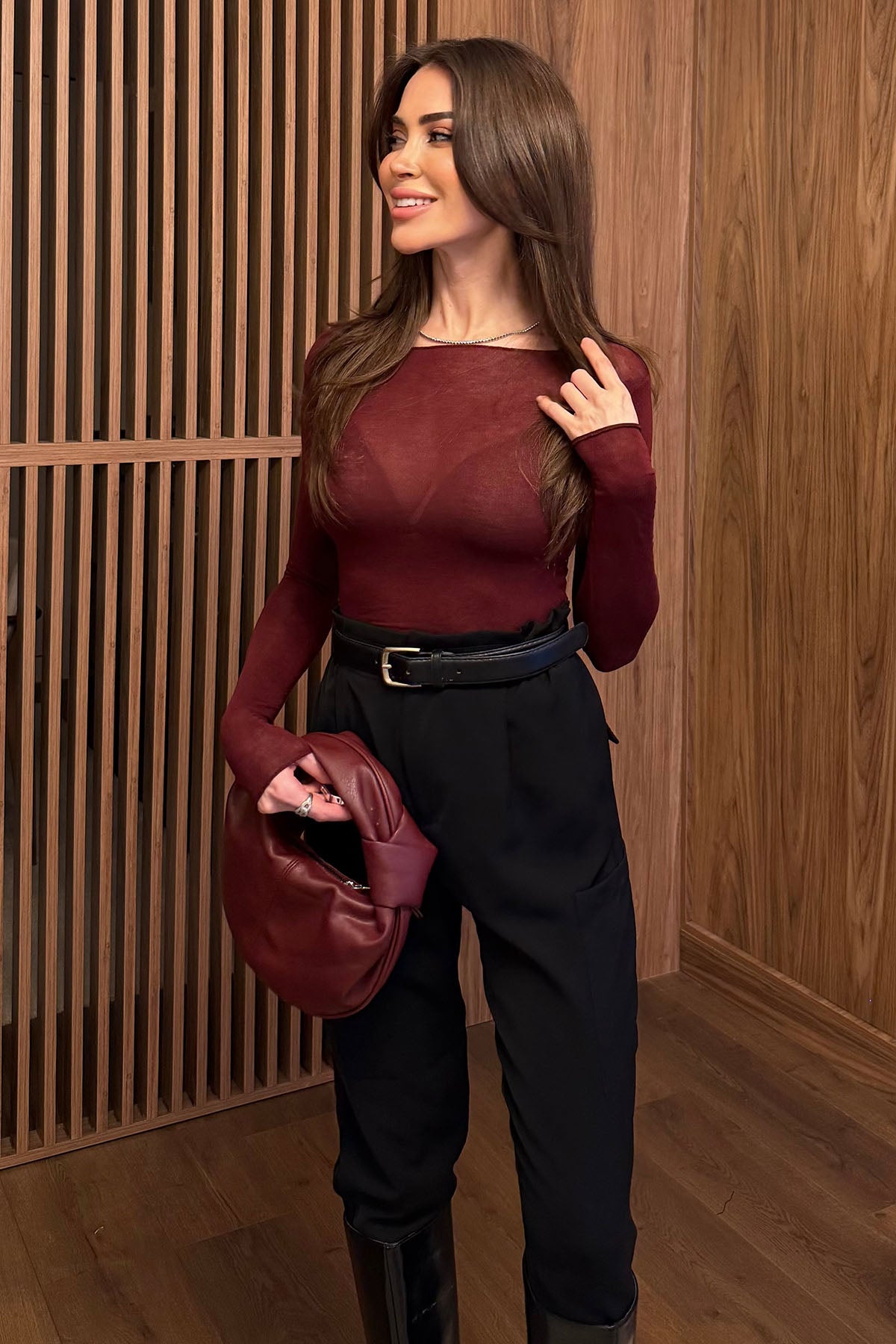 Kadın Kayık Yaka Transparan Bluz Bordo