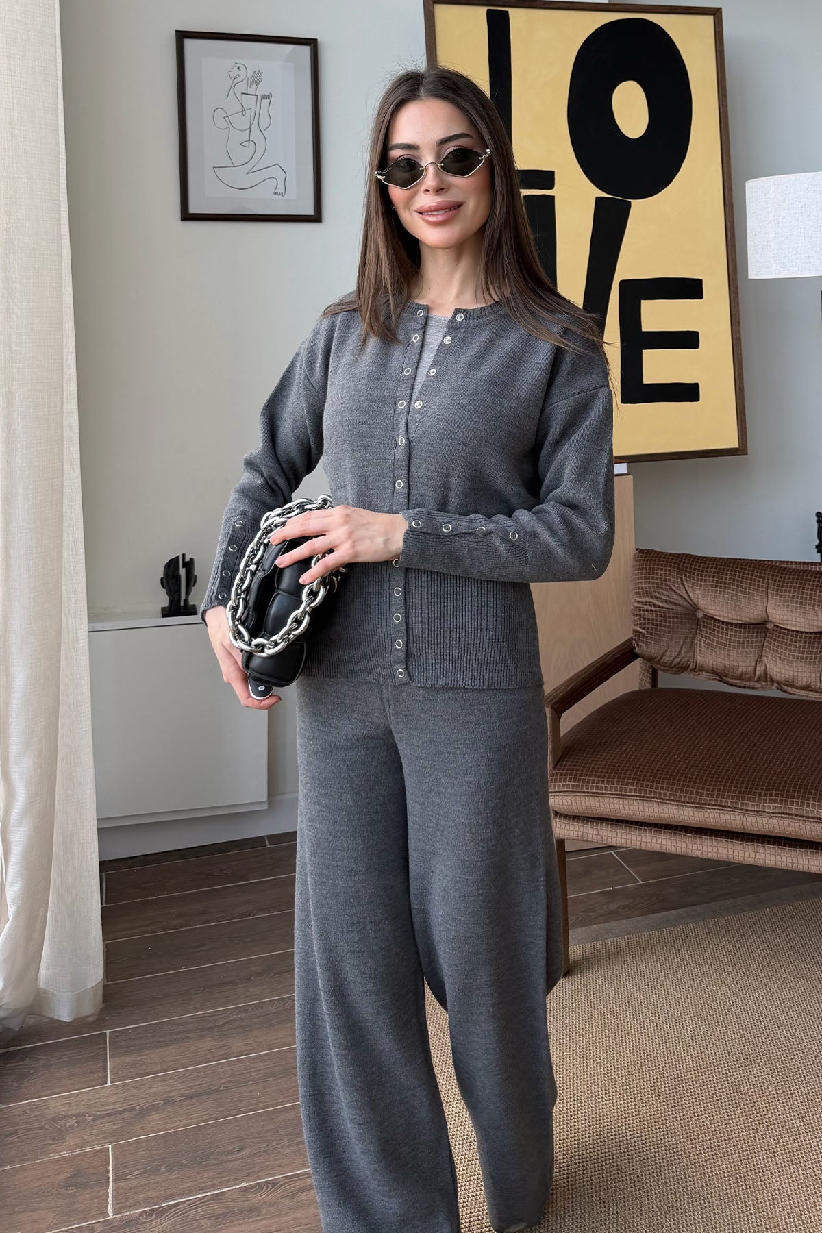 Kadın Çıtçıtlı Triko Takım Antrasit