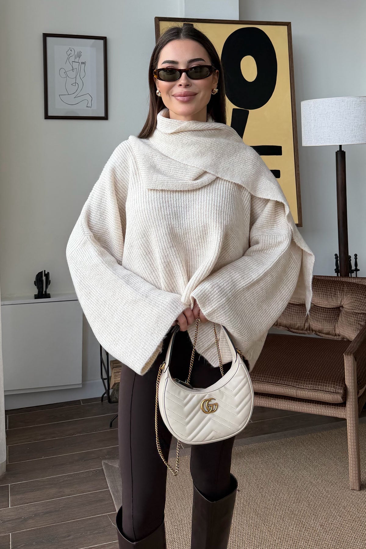 Kadın Atkılı Kazak Ekru