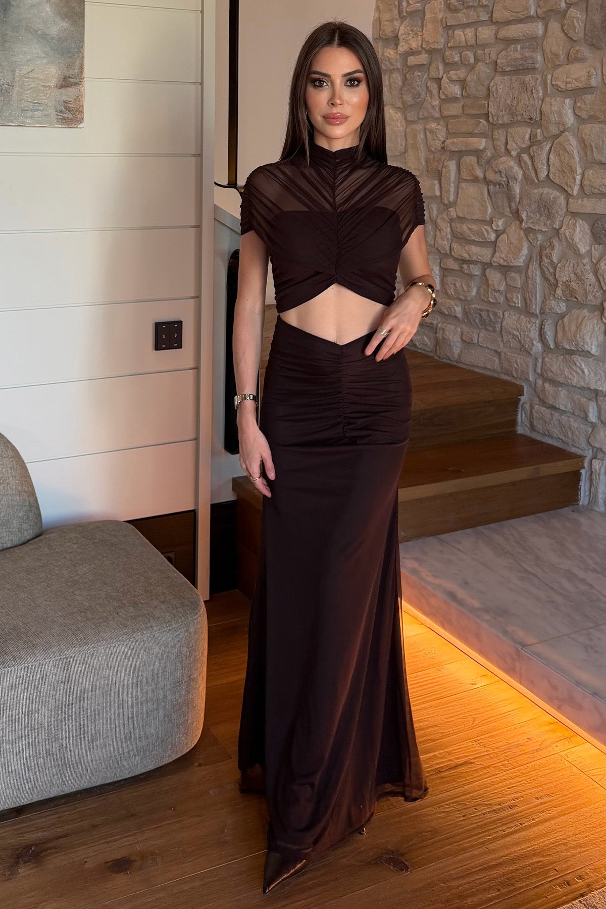 Kadın Bel Dekolteli Büzgülü Astarlı Elbise Acı Kahve