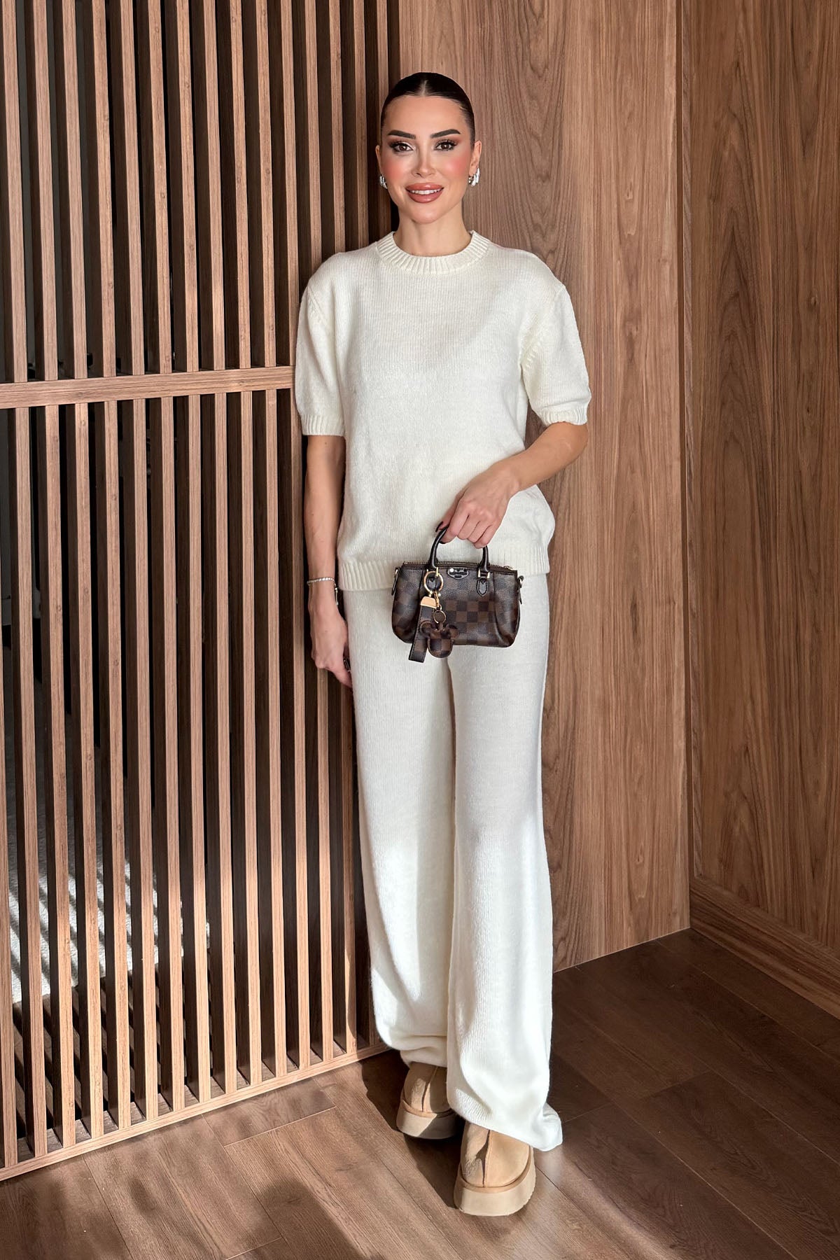 Kadın Pantolonlu Triko Takım Ekru