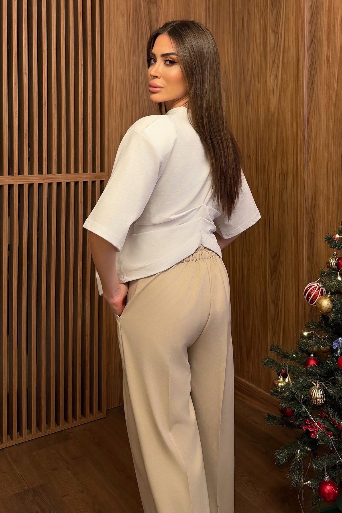 Kadın Dökümlü Pileli Palazzo Pantolon Bej