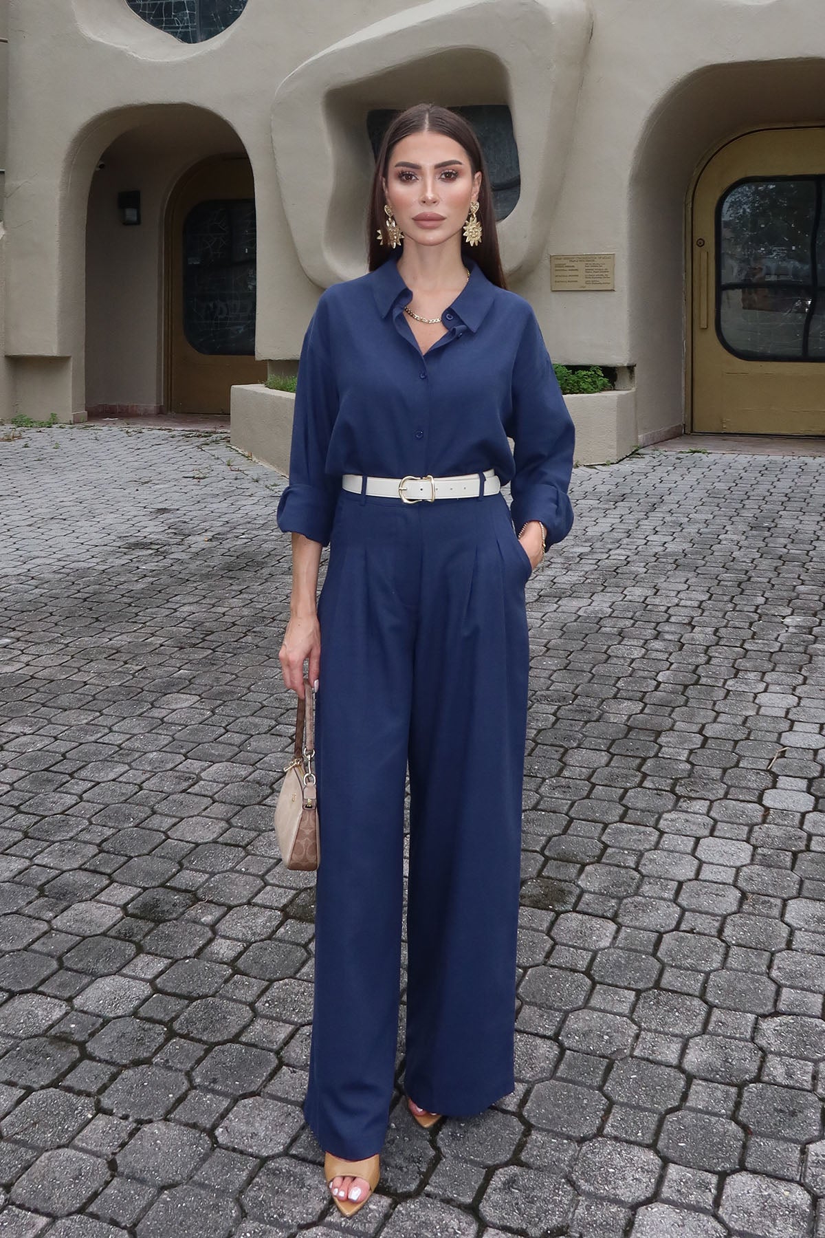 Kadın Organik Pamuk Pileli Palazzo Pantolon Lacivert