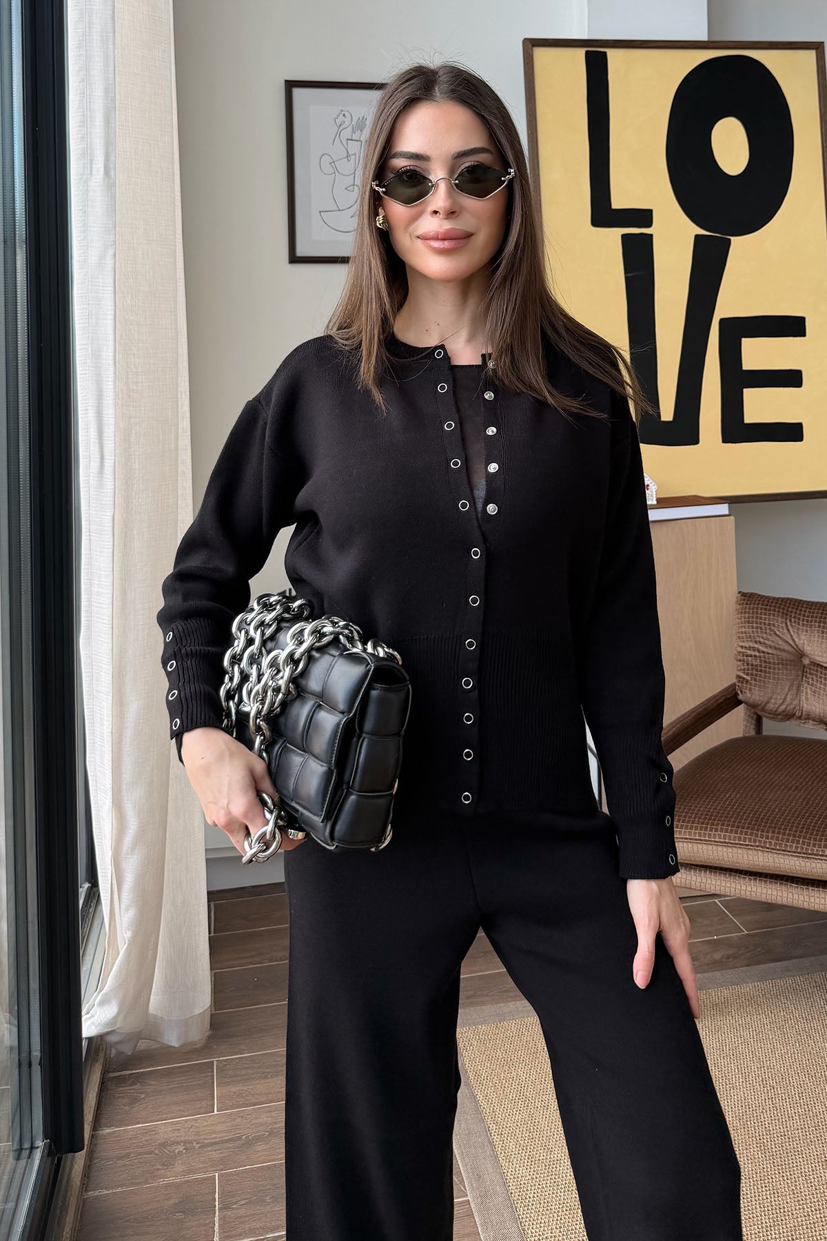 Kadın Çıtçıtlı Triko Takım Siyah