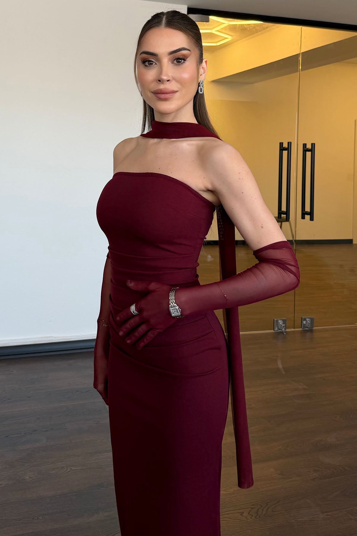 Kadın Tül Eldivenli Fular Detaylı Elbise Bordo