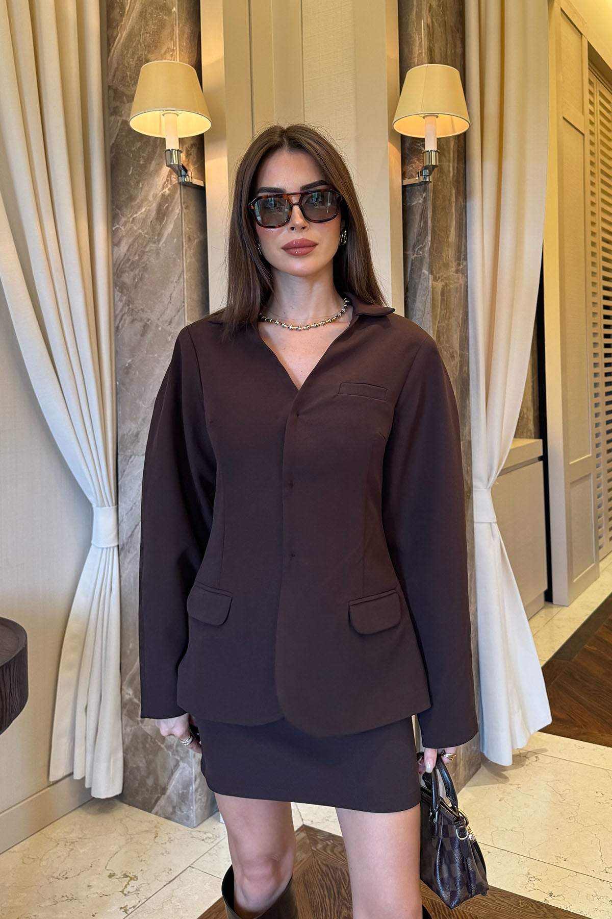 Kadın Blazer Etekli Takım Kahverengi