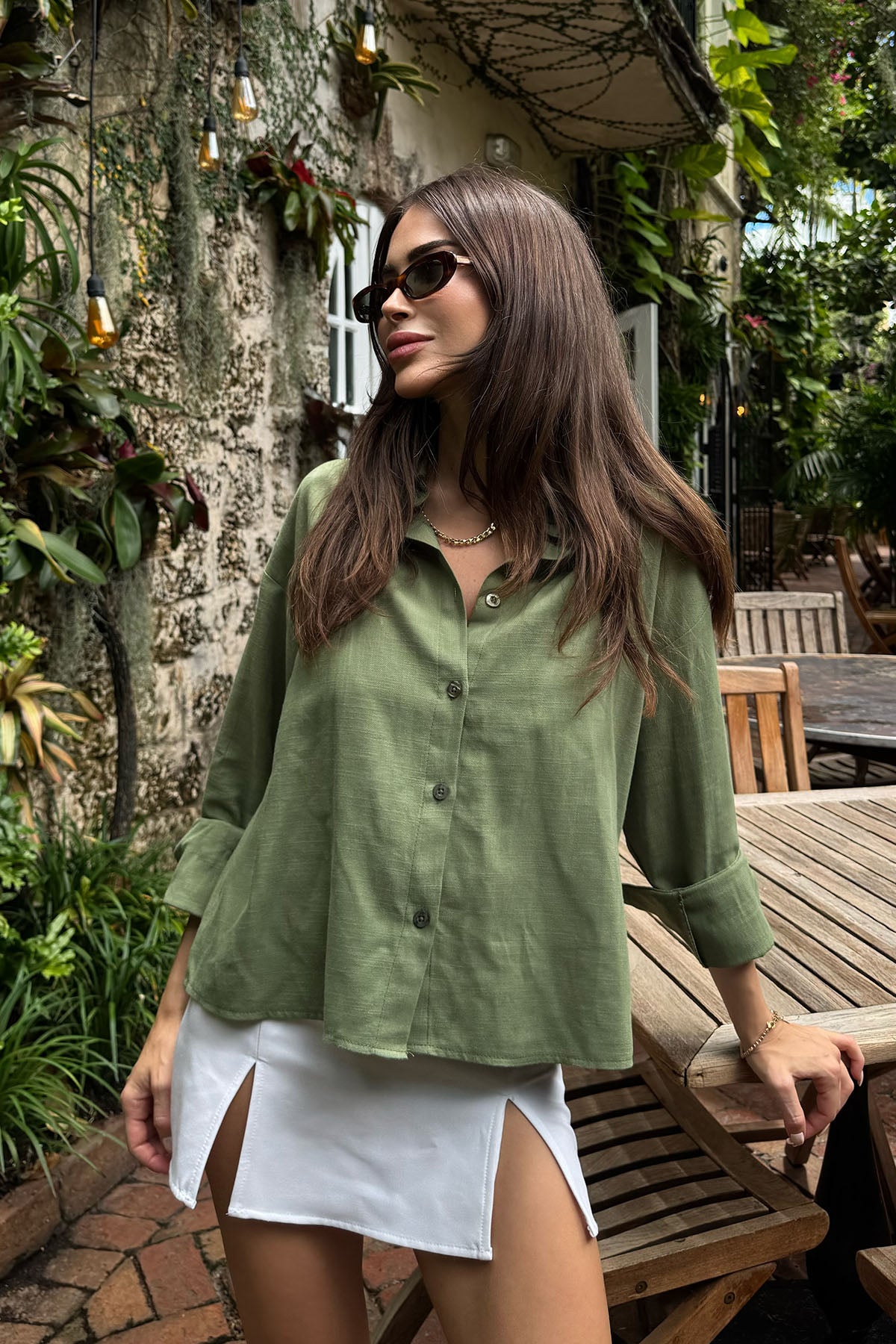 Kadın Organik Pamuk Oversize Kısa Gömlek Yeşil