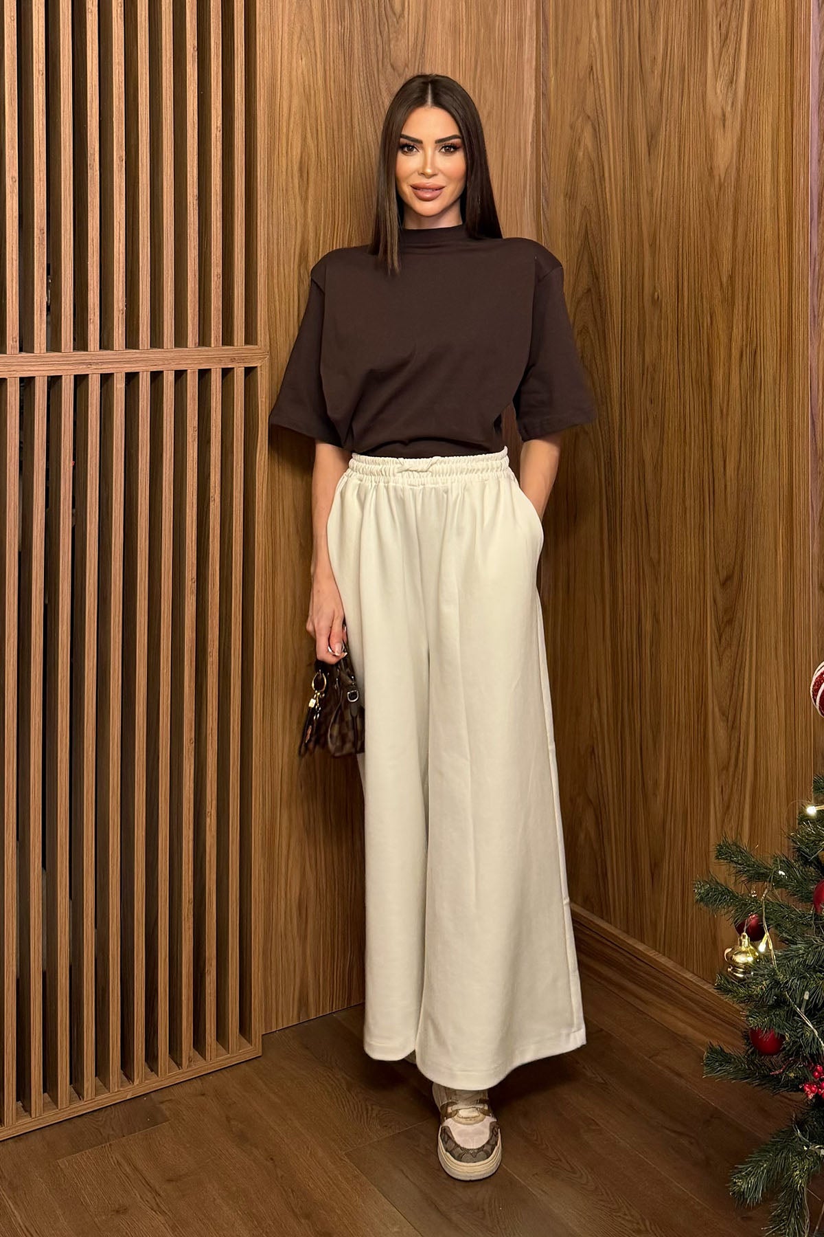 Kadın İnterlok Bol Paçalı Pantolon Ekru