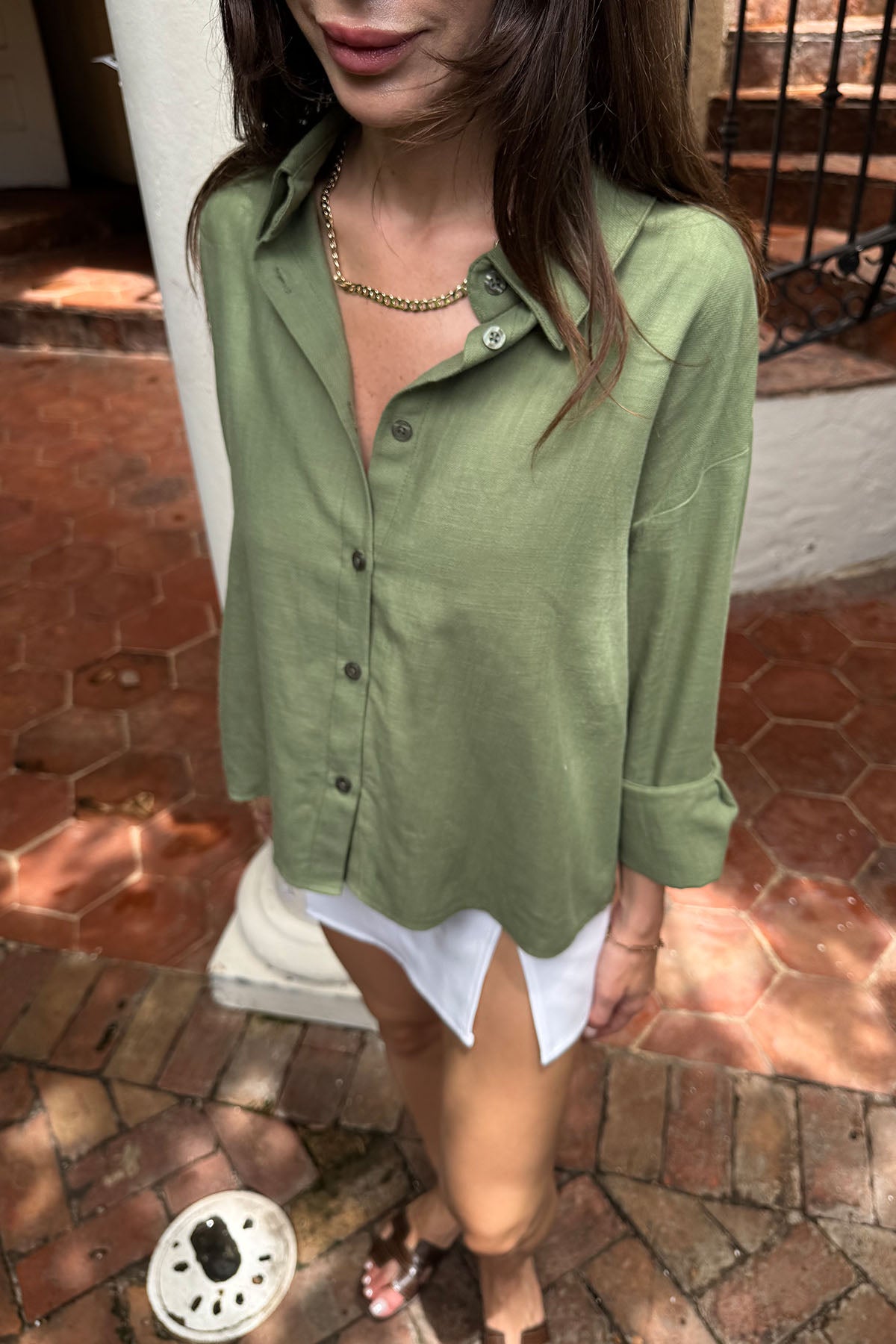 Kadın Organik Pamuk Oversize Kısa Gömlek Yeşil