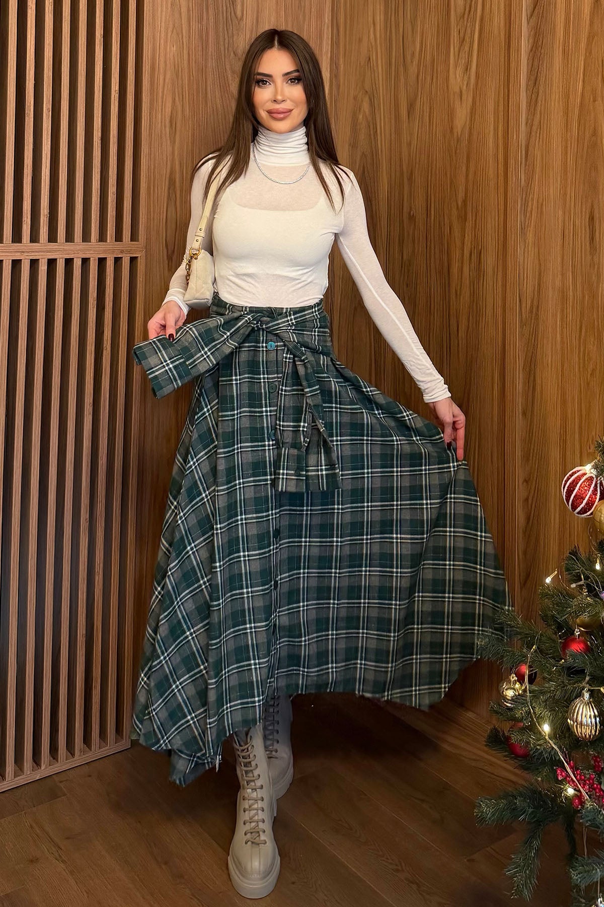 Kadın Bağlama Detaylı Asimetrik Etek Yeşil