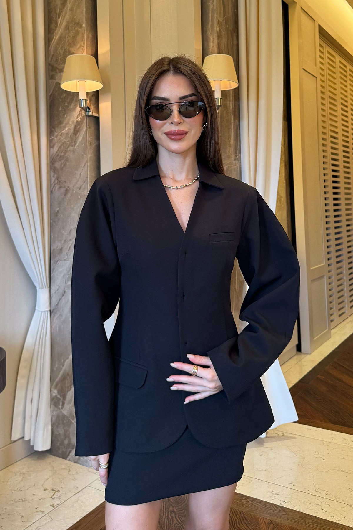 Kadın Blazer Etekli Takım Siyah