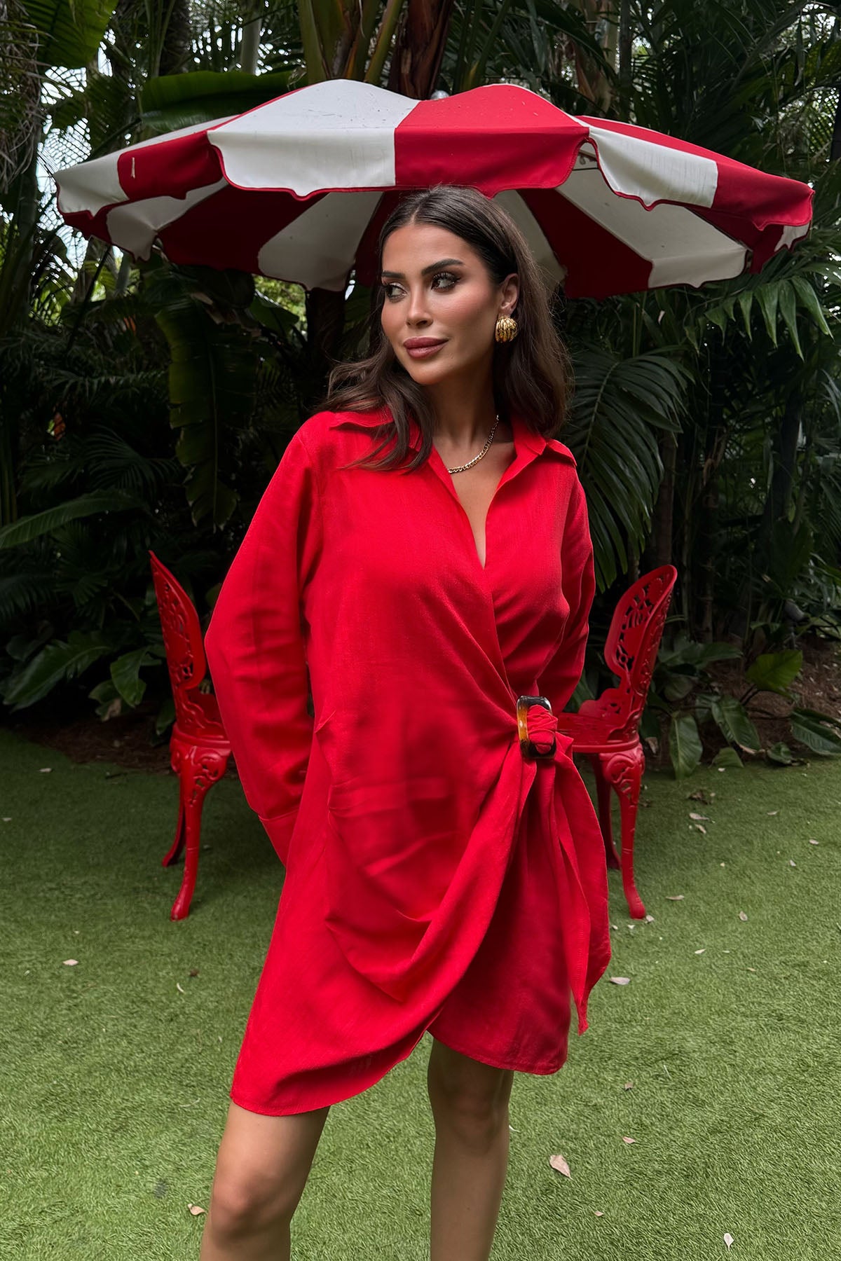 Kadın Toka Detaylı Kruvaze Elbise Kırmızı