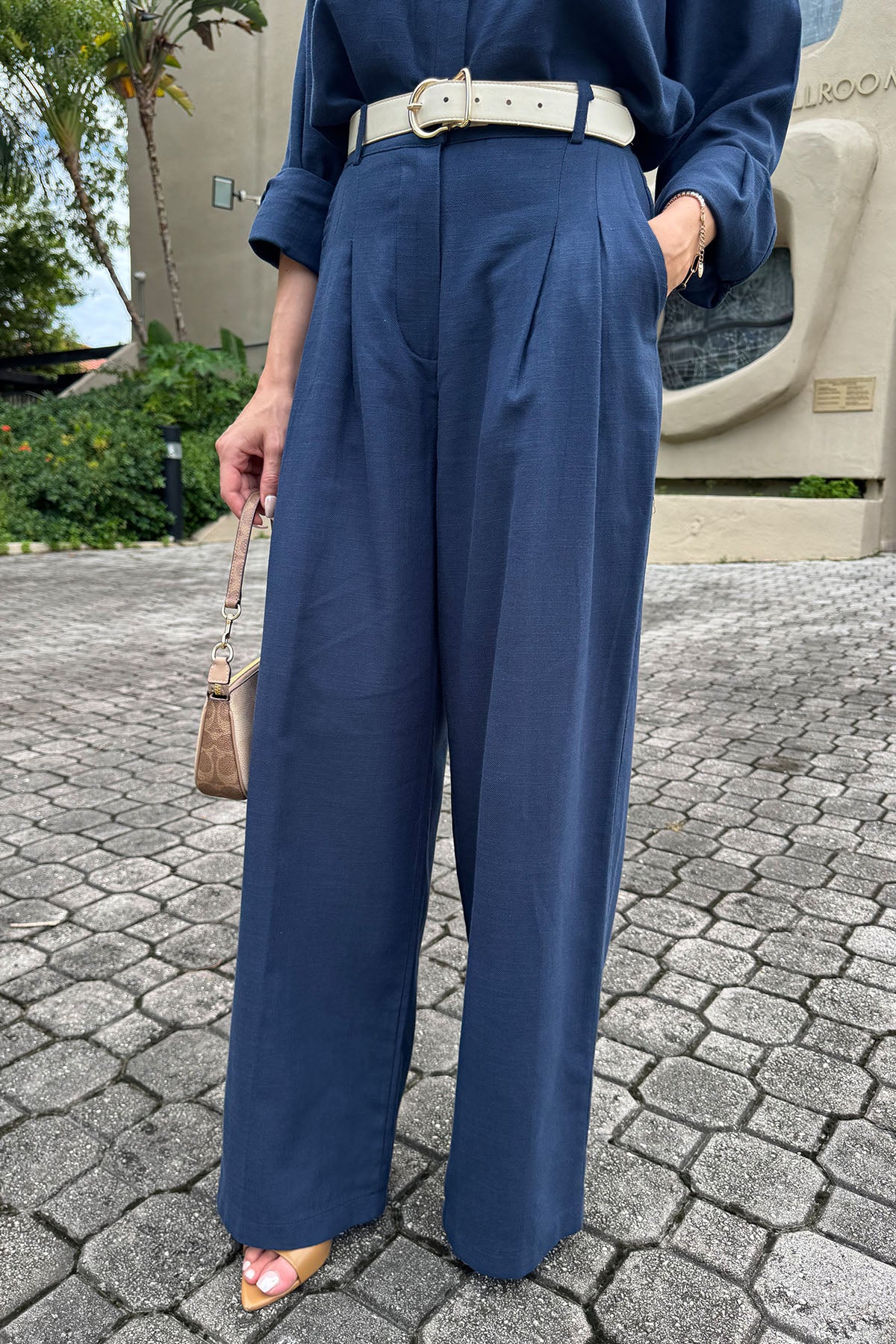 Kadın Organik Pamuk Pileli Palazzo Pantolon Lacivert