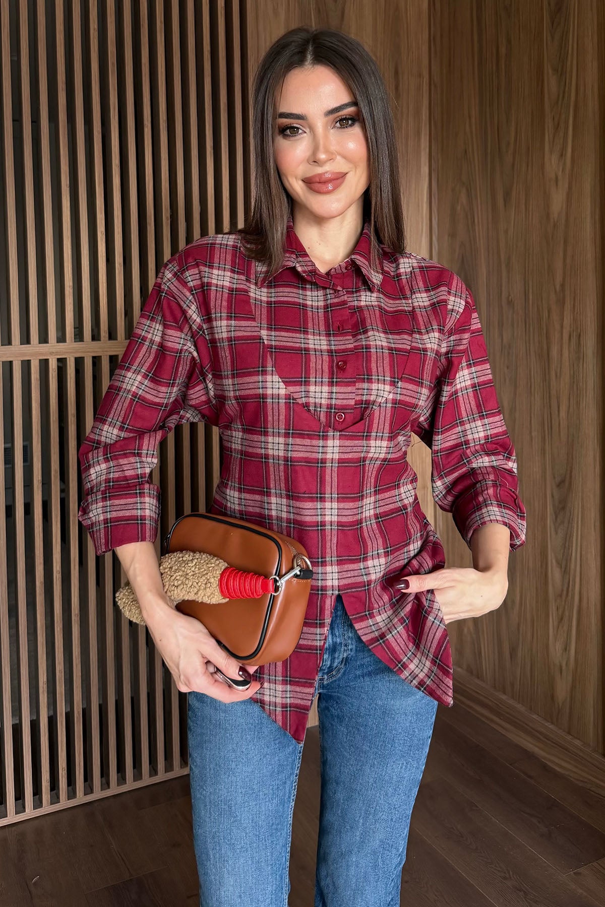 Kadın Ekose Desen Bağlamalı Gömlek Bordo