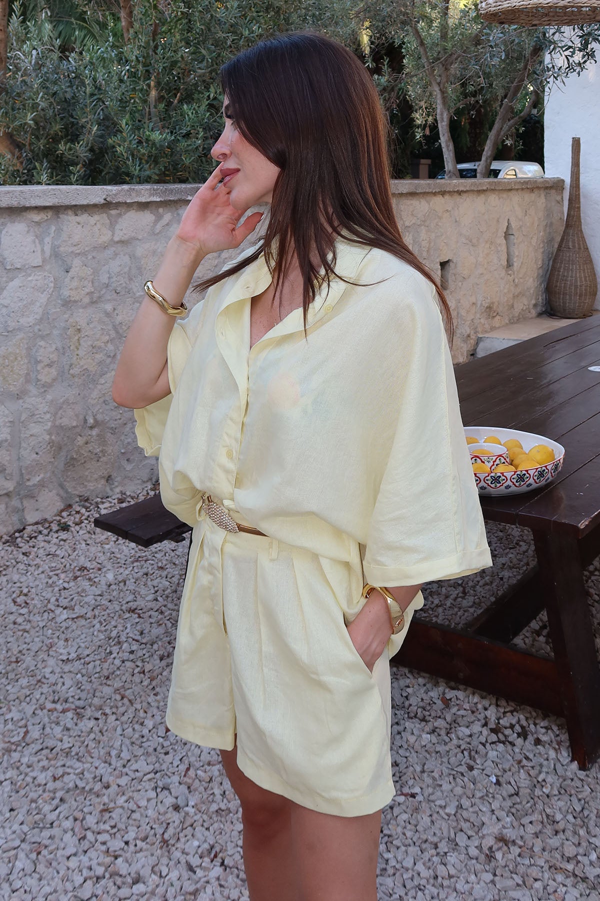 Kadın İkili Keten Takım Sarı