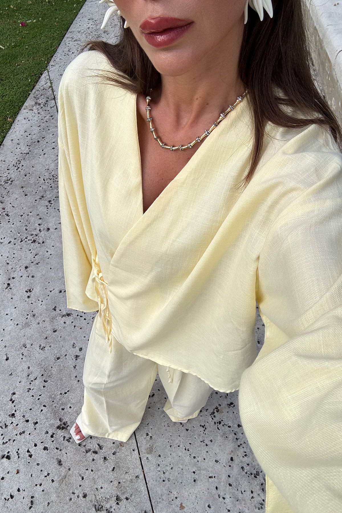 Kadın Organik Pamuk Kısa Kimono Tereyağı