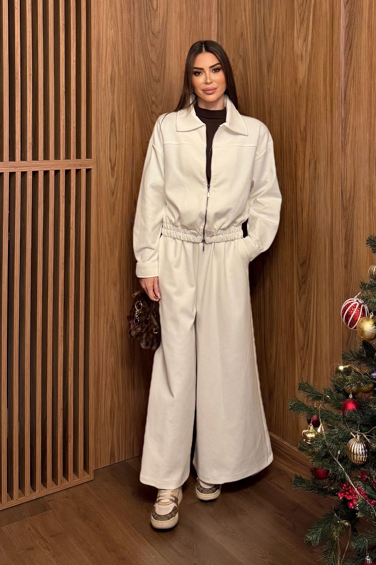 Kadın İnterlok Bol Paçalı Pantolon Ekru