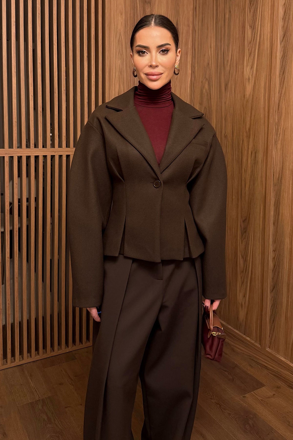 Kadın Bel Detaylı Kaşe Kaban Acı Kahve