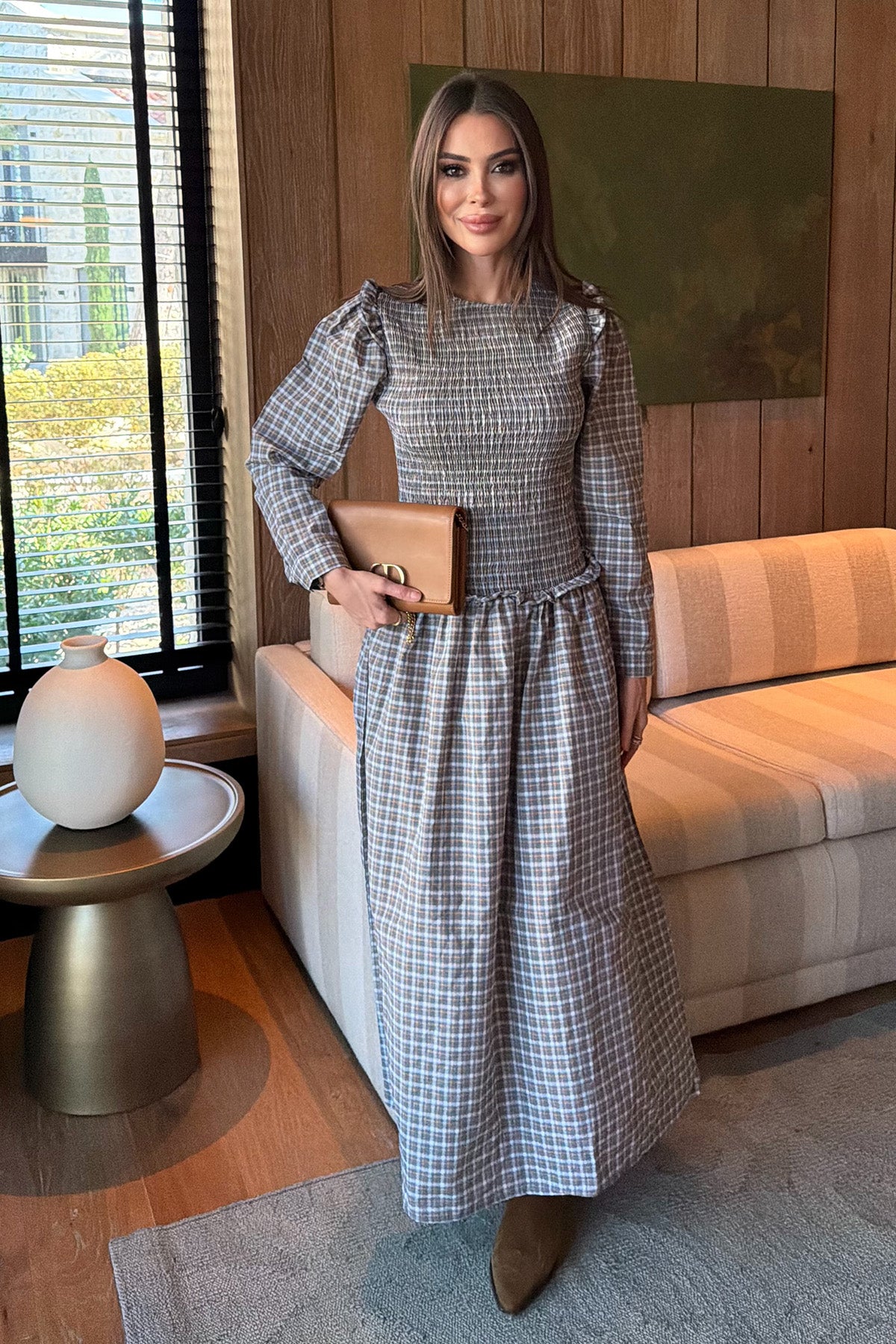 Kadın Gipe Detaylı Maksi Elbise Açık Haki