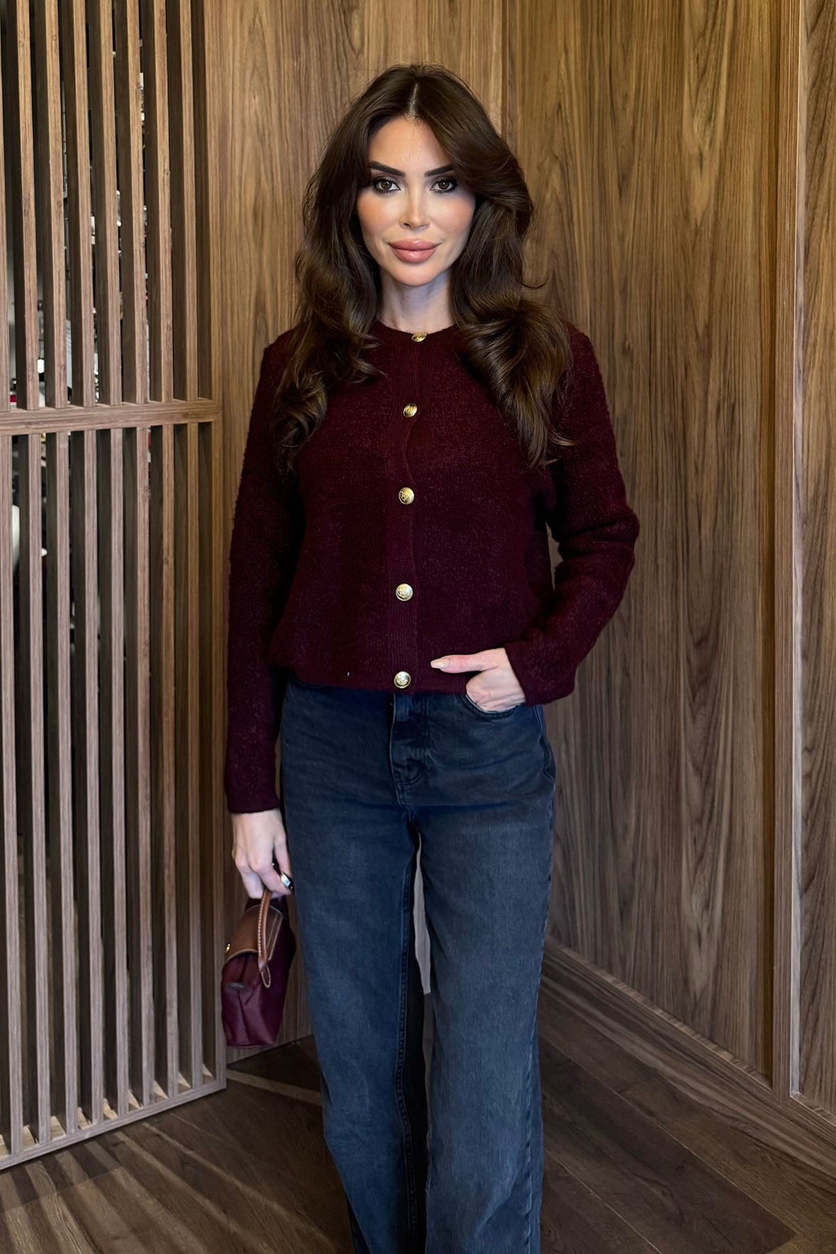 Kadın Yünlü Triko Hırka Bordo