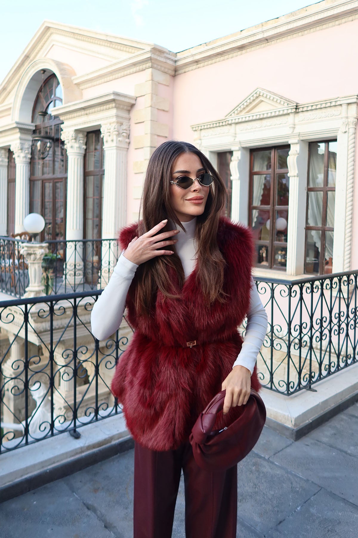 Kadın Kürklü Yelek Bordo