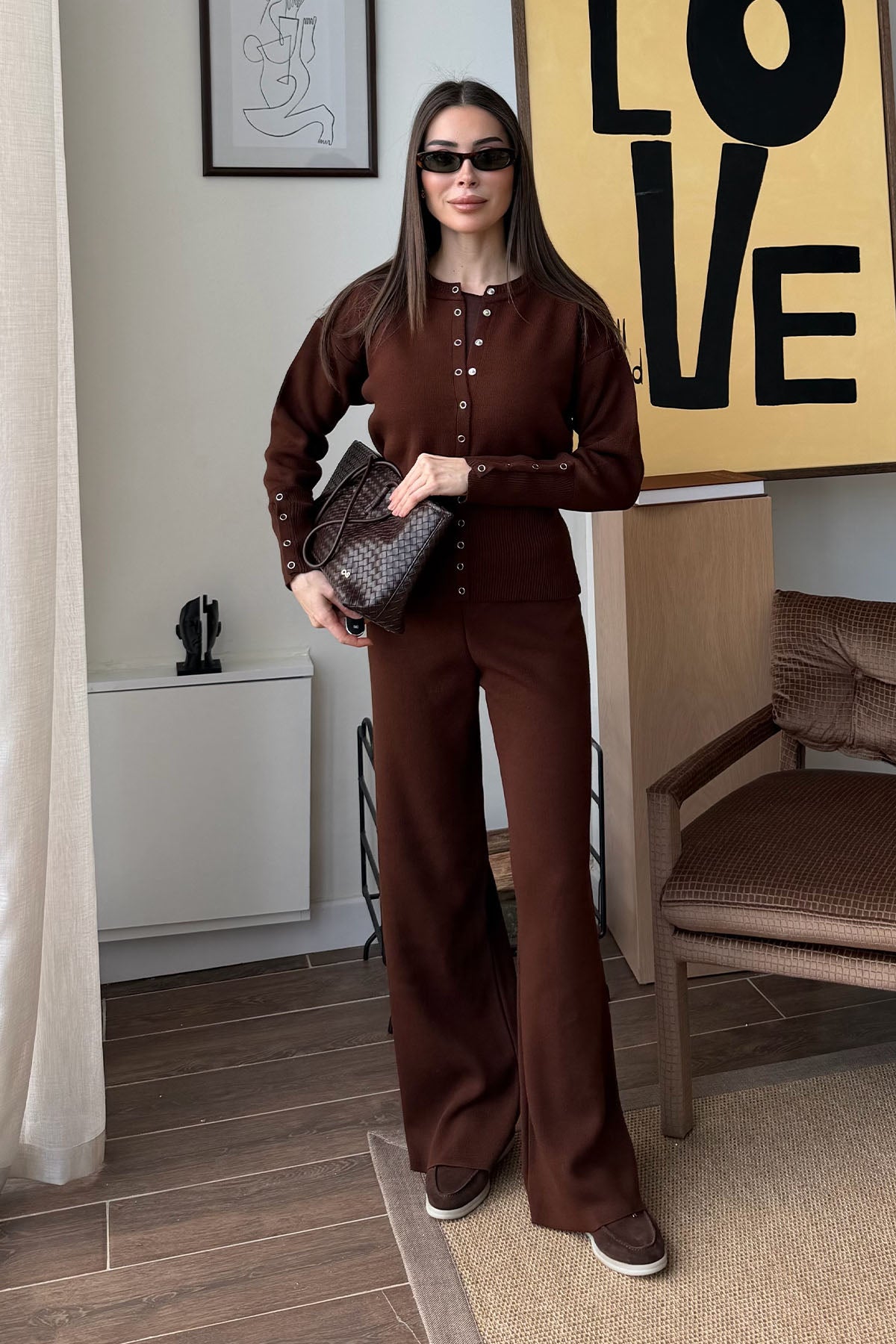 Kadın Çıtçıtlı Triko Takım Acı Kahve