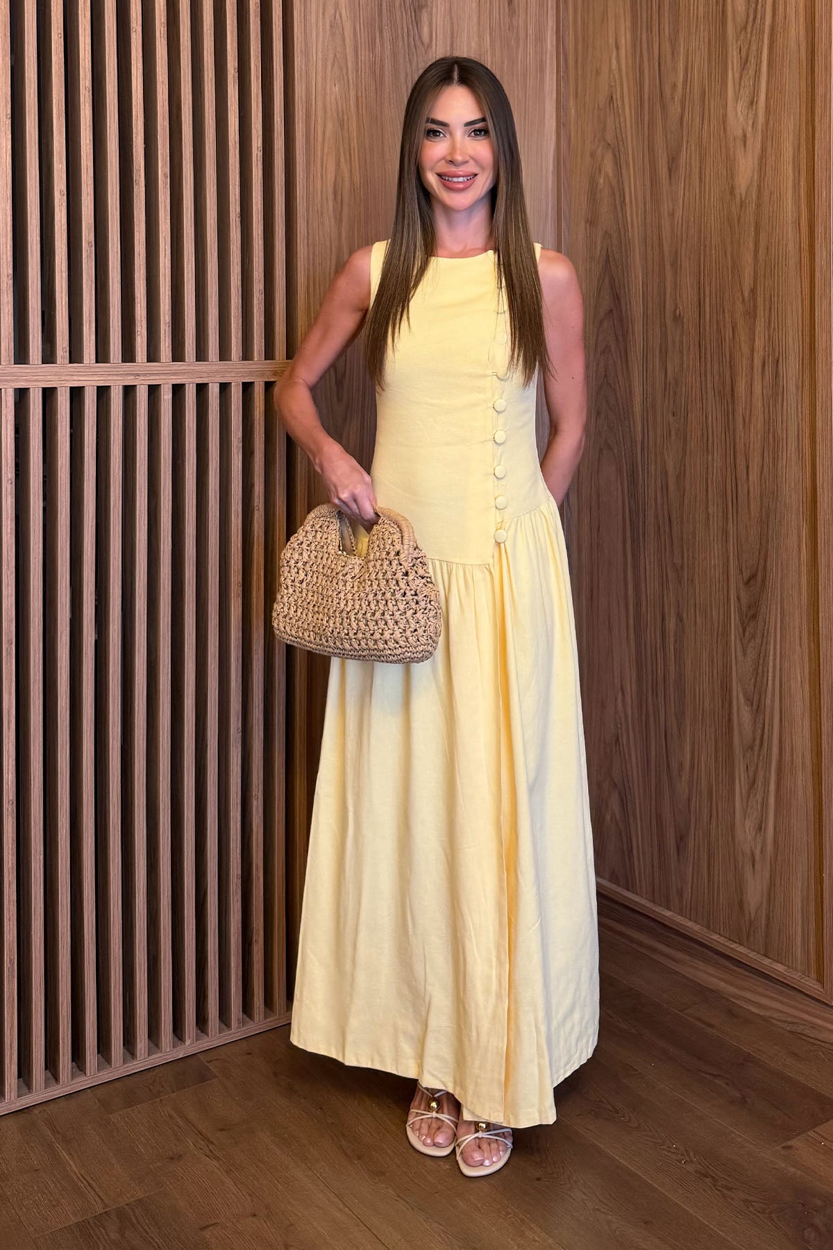 Kadın Düğme Detaylı Elbise Tereyağ