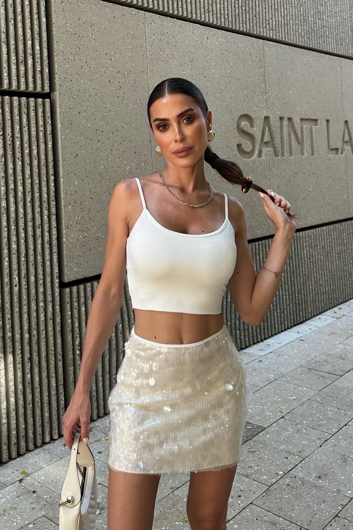 Kadın Payetli Etek Ekru