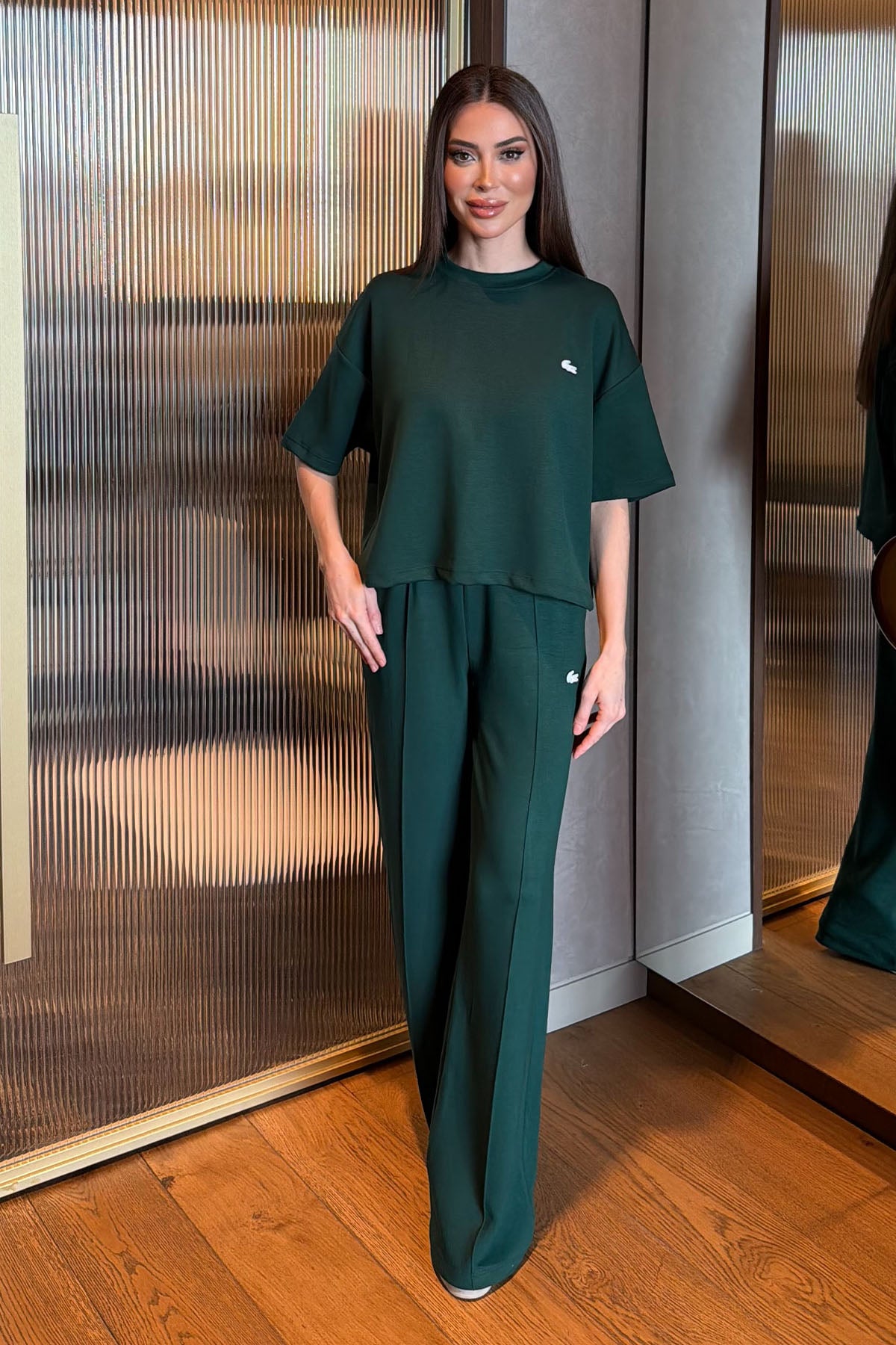 Kadın Nervür Detaylı İkili Rahat Takım Zümrüt
