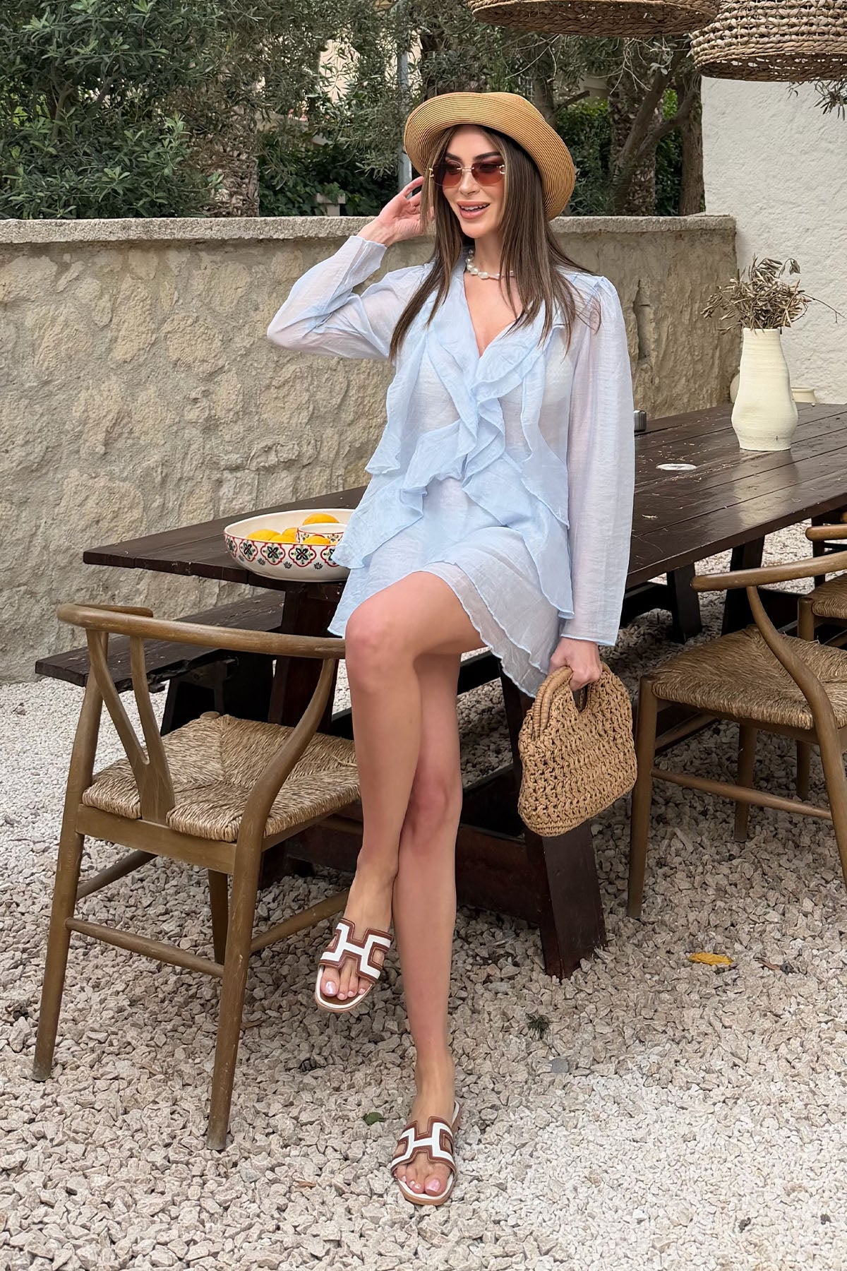 Kadın Fırfırlı Etekli Takım Mavi