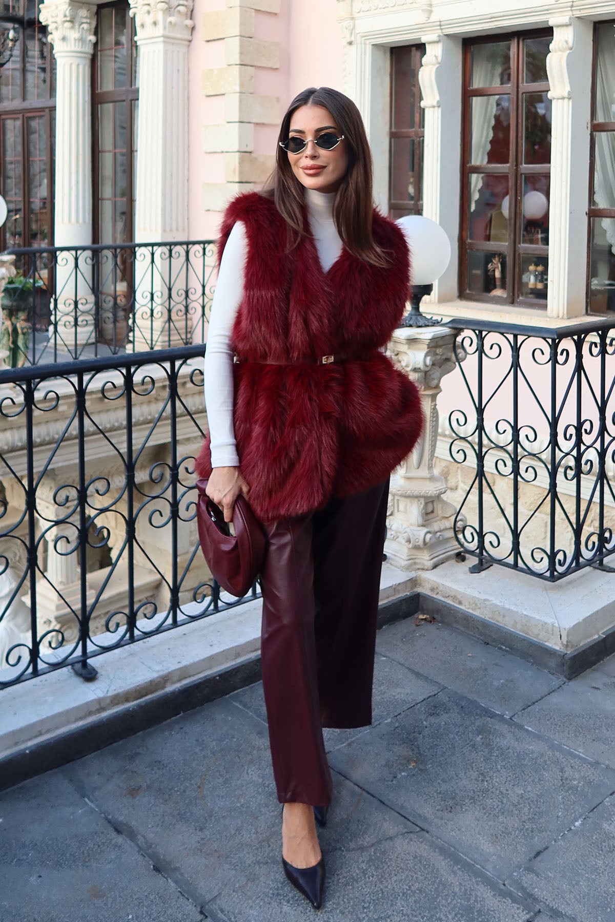 Kadın Kürklü Yelek Bordo