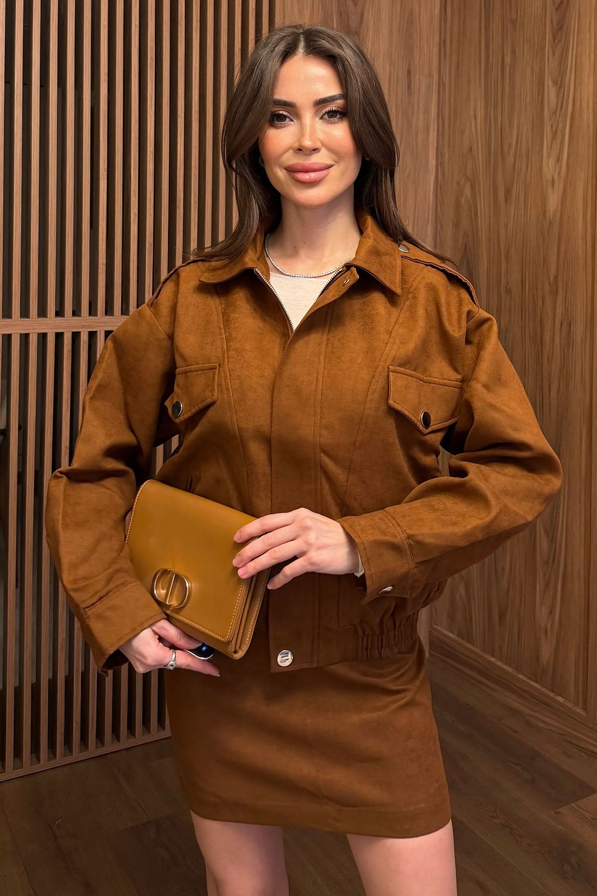 Kadın Bomber Ceket Etekli Takım Hardal