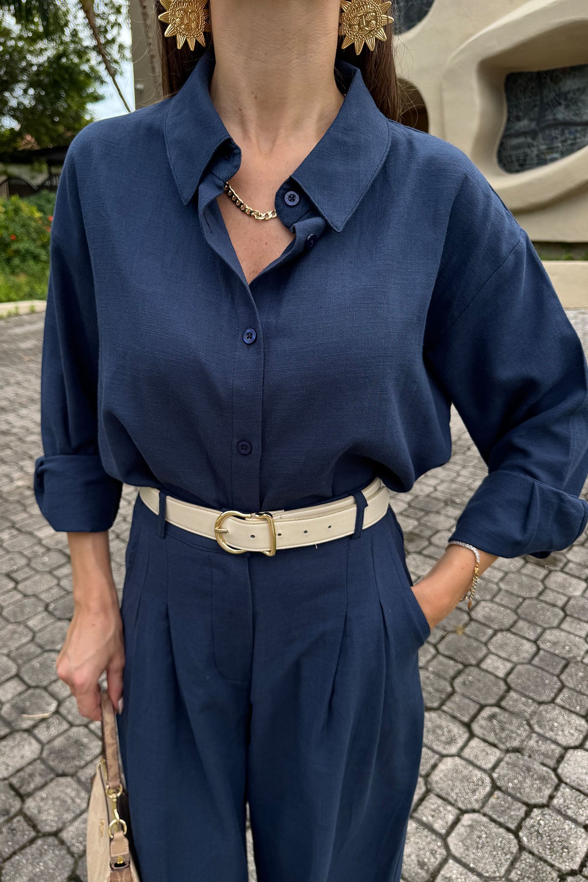 Kadın Organik Pamuk Oversize Kısa Gömlek Lacivert