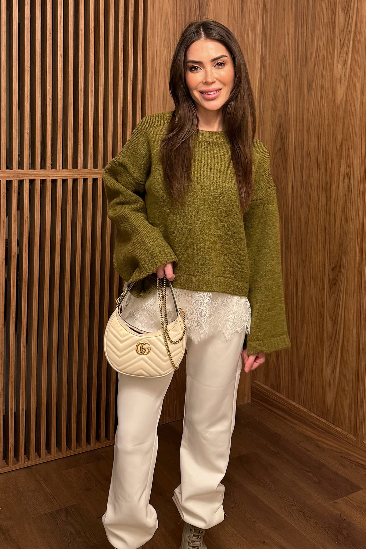 Kadın Dantel Detaylı Basic Kazak Yeşil