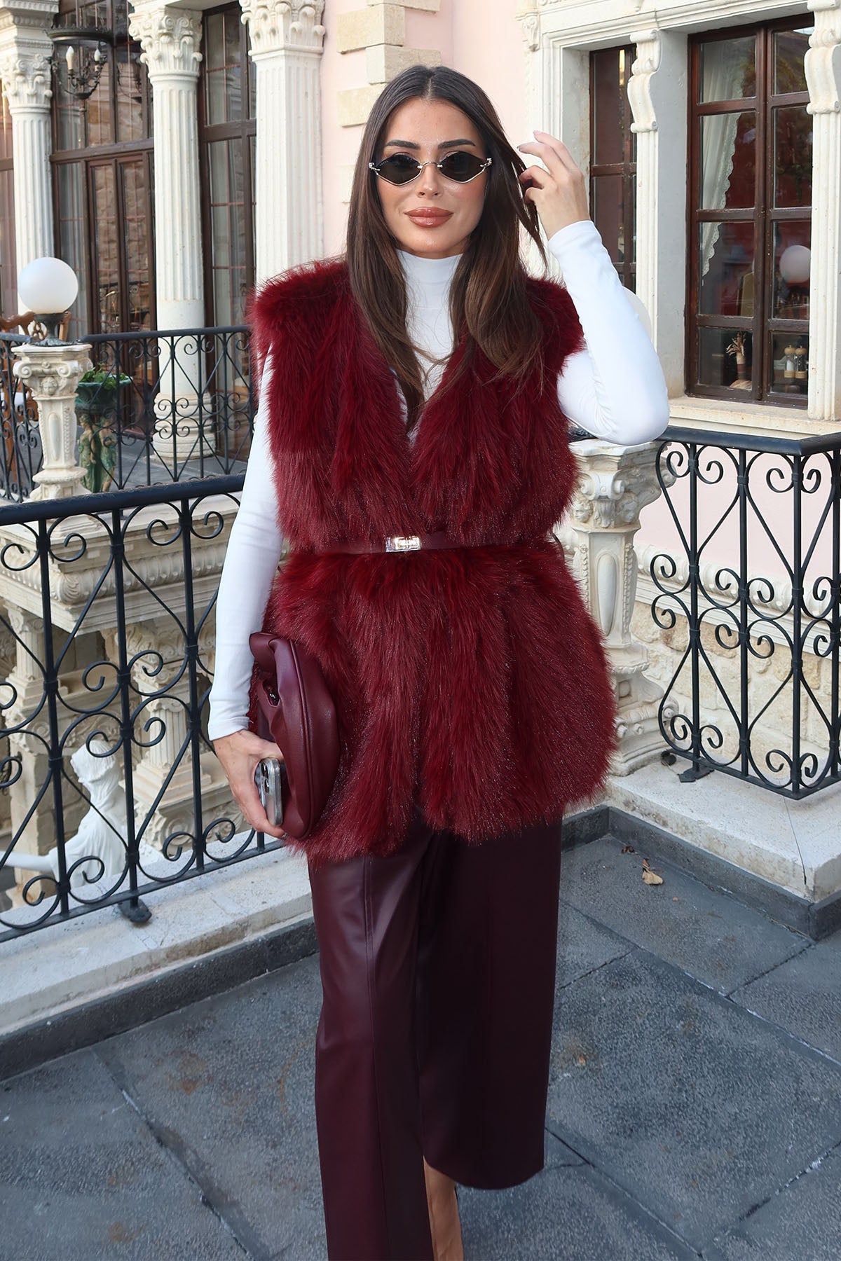 Kadın Kürklü Yelek Bordo