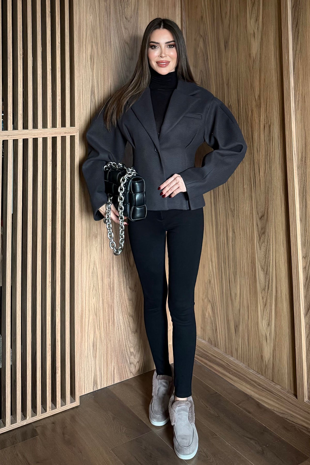 Kadın Bel Detaylı Kaşe Kaban Antrasit