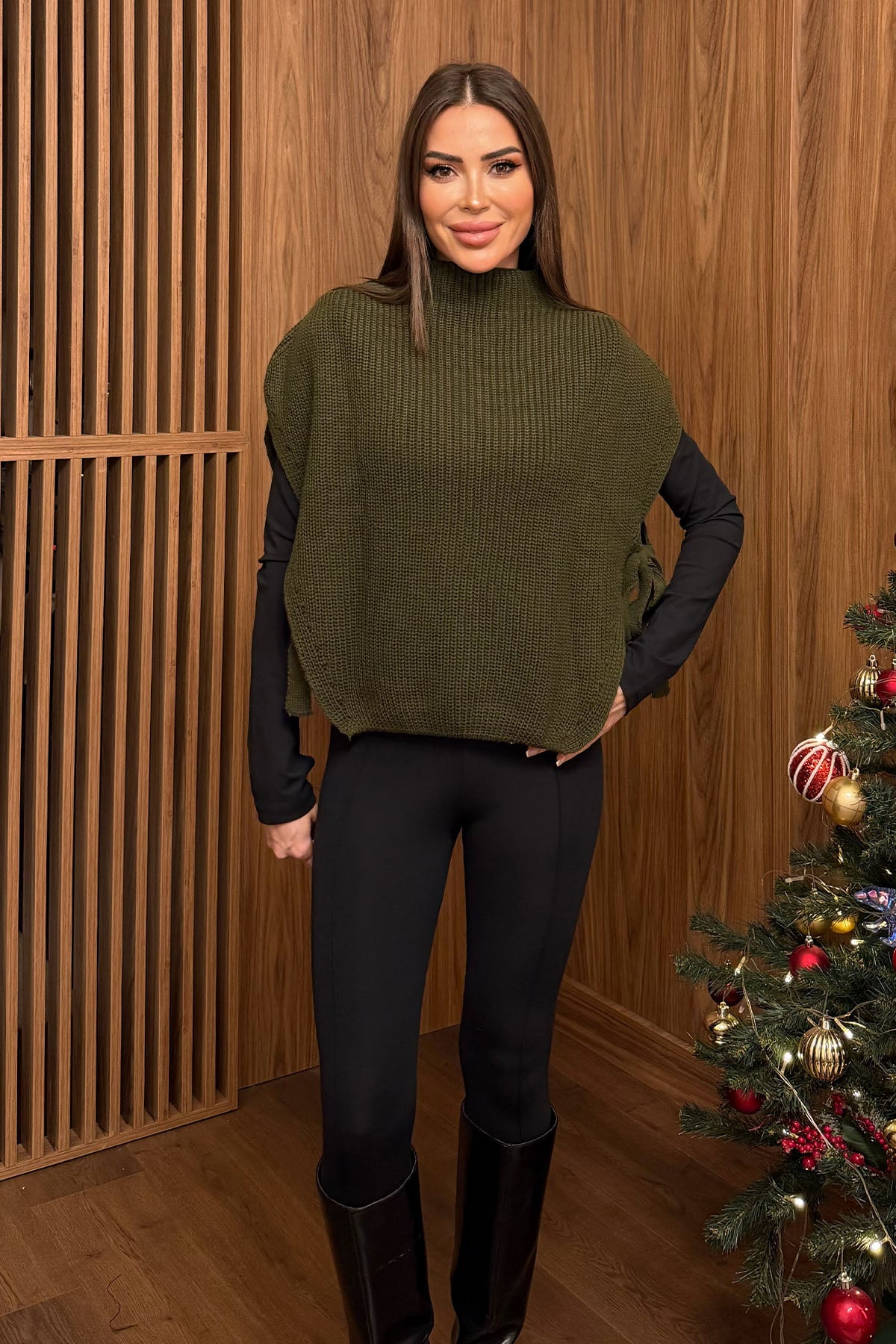 Kadın Bağlama Detaylı Triko Süveter Haki