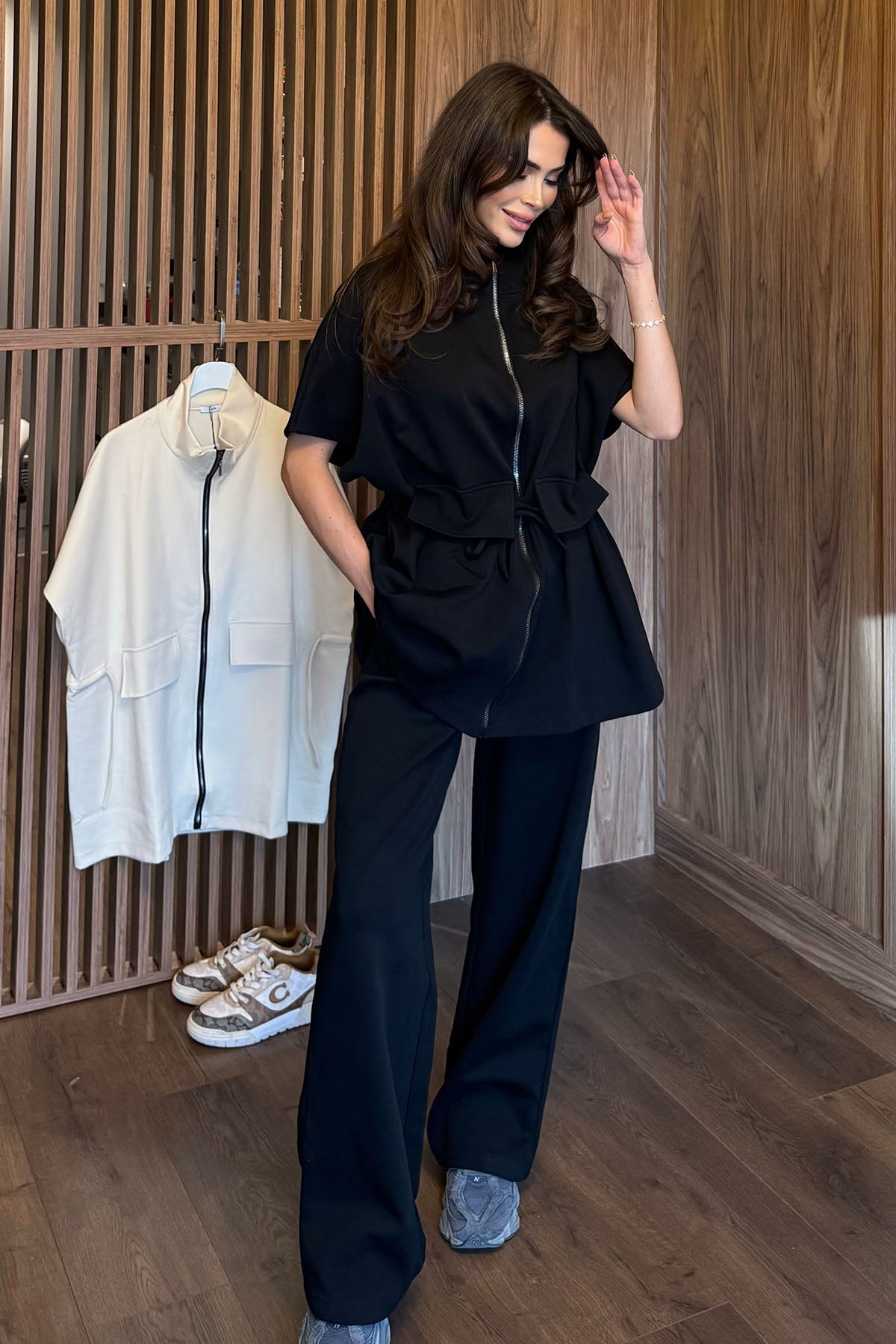 Kadın İnterlok Oversize Yelek Pantolon Takım Siyah