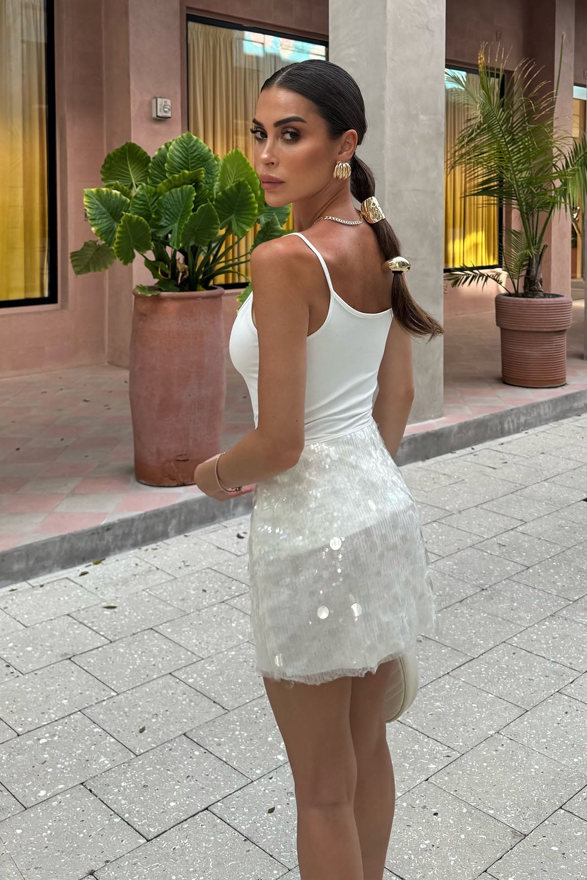 Kadın Payetli Etek Ekru