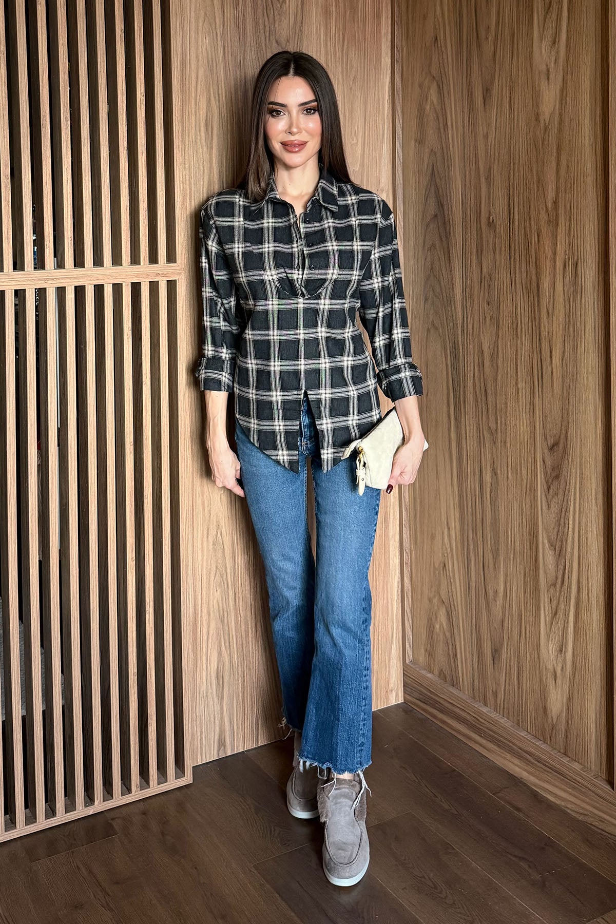 Kadın Ekose Desen Bağlamalı Gömlek Antrasit