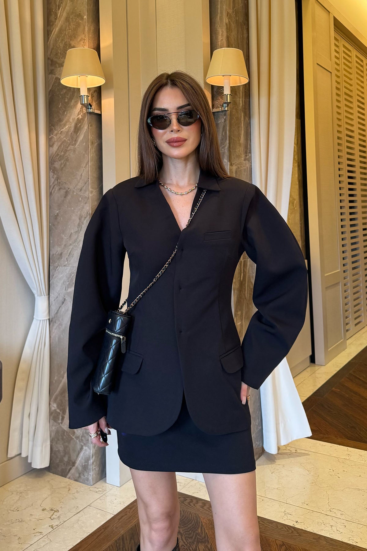 Kadın Blazer Etekli Takım Siyah