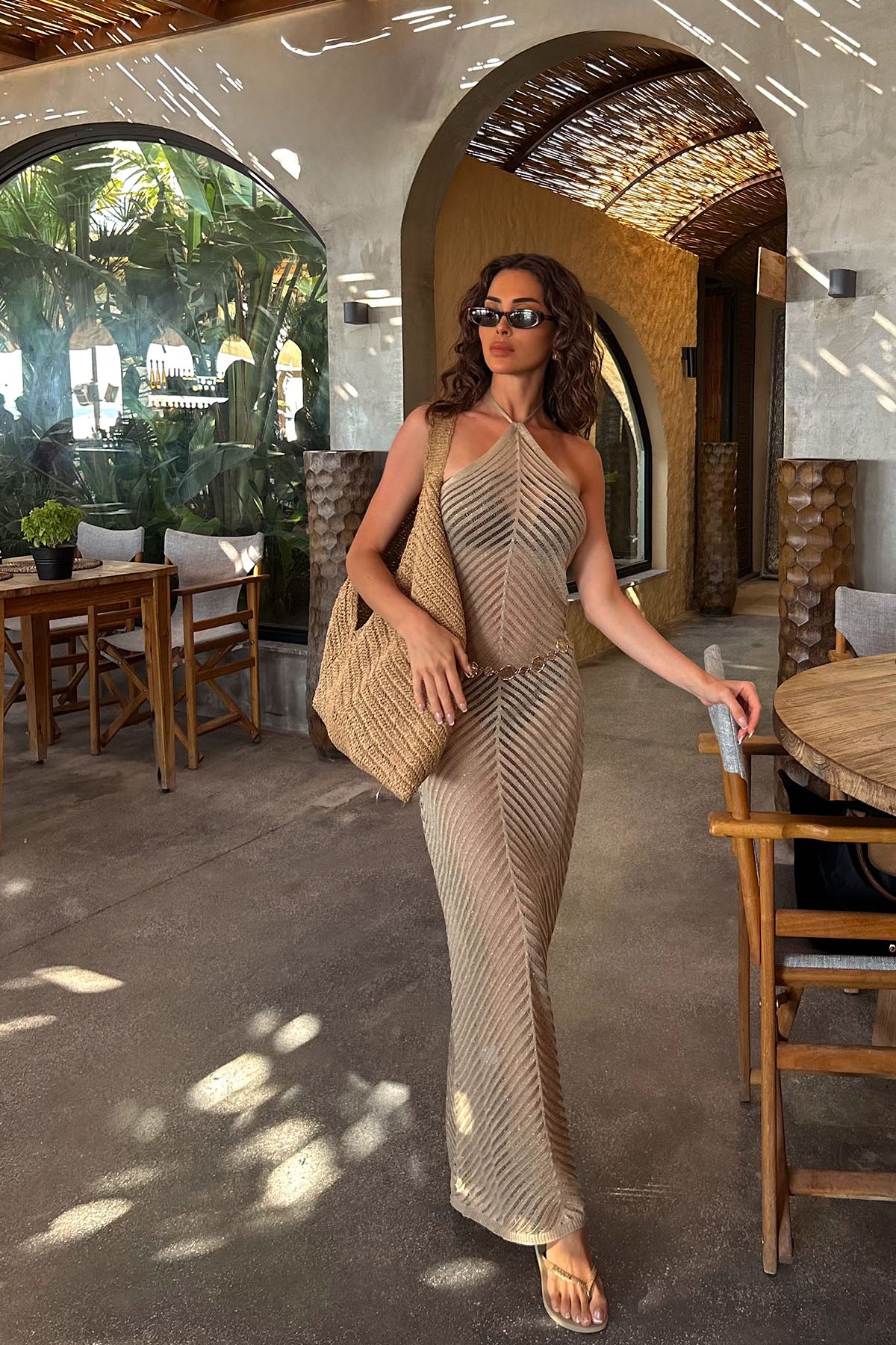 Kadın Örgülü Pareo Elbise Camel