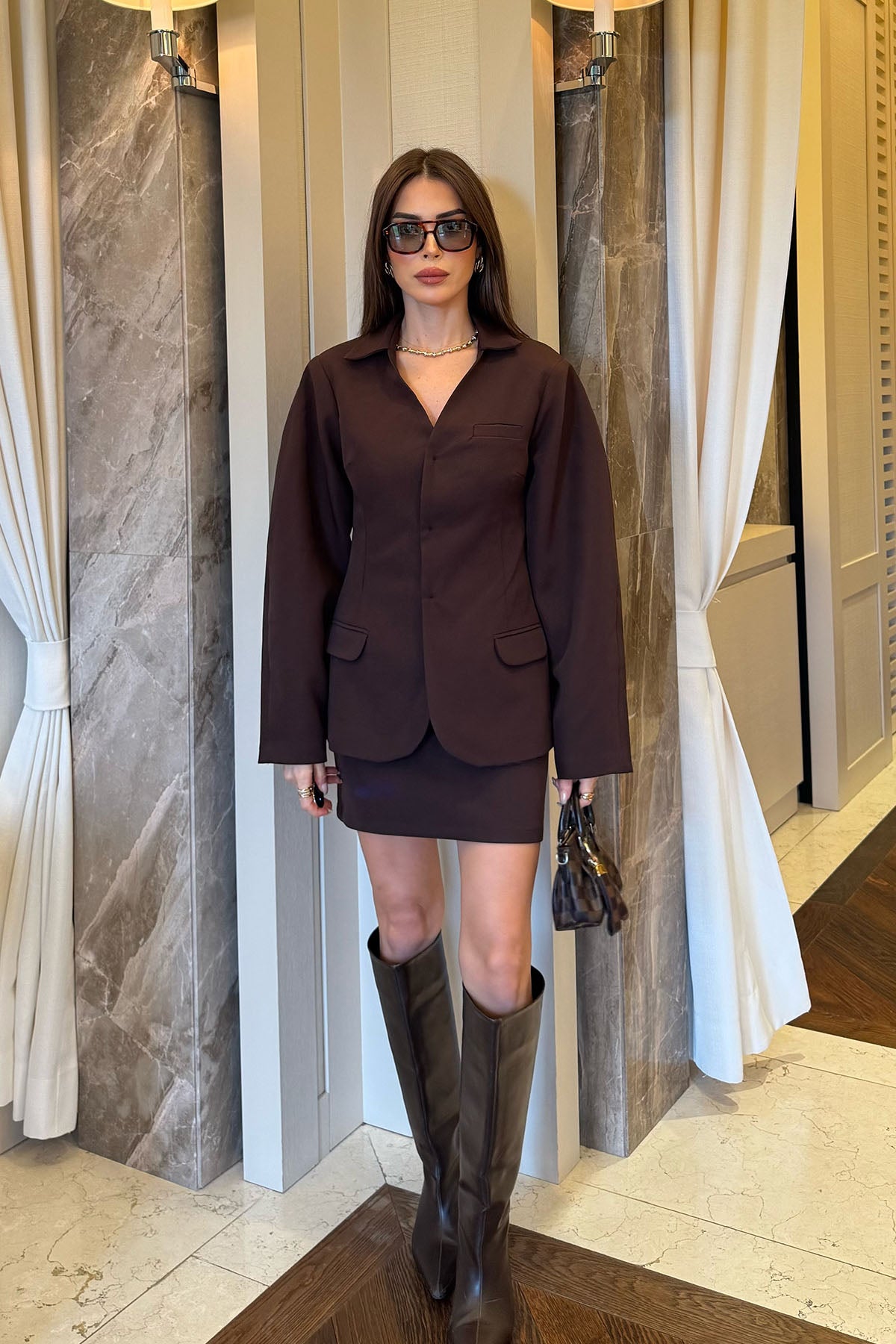 Kadın Blazer Etekli Takım Kahverengi